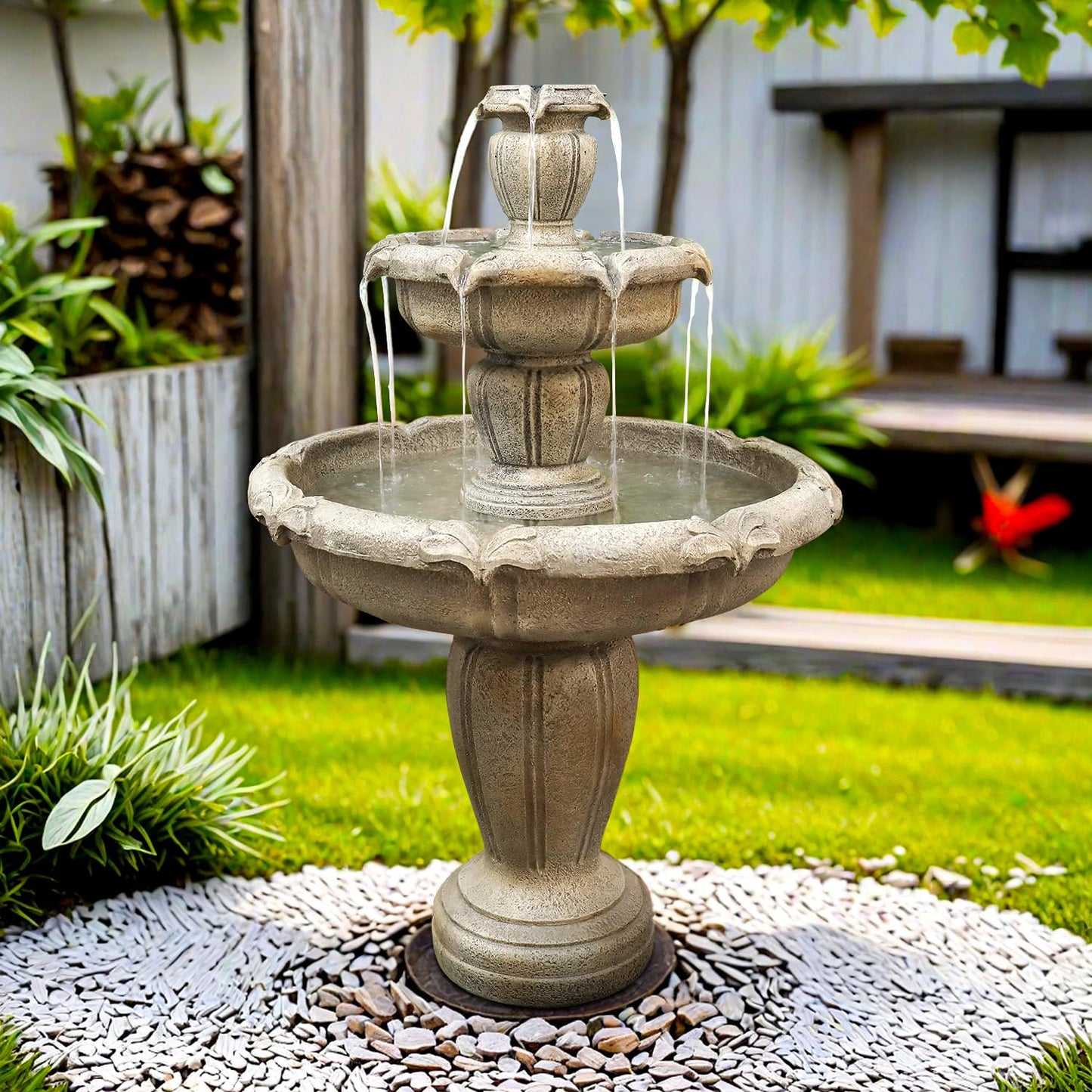 SunJet 48” High Modern Concrete Outdoor Water Fountain - 3 Tiered Large Floor Water Fountain and Waterfalls with Electric Pump for Garden, Patio, Yard, and Deck Decor, Featuring Natural Stone Look