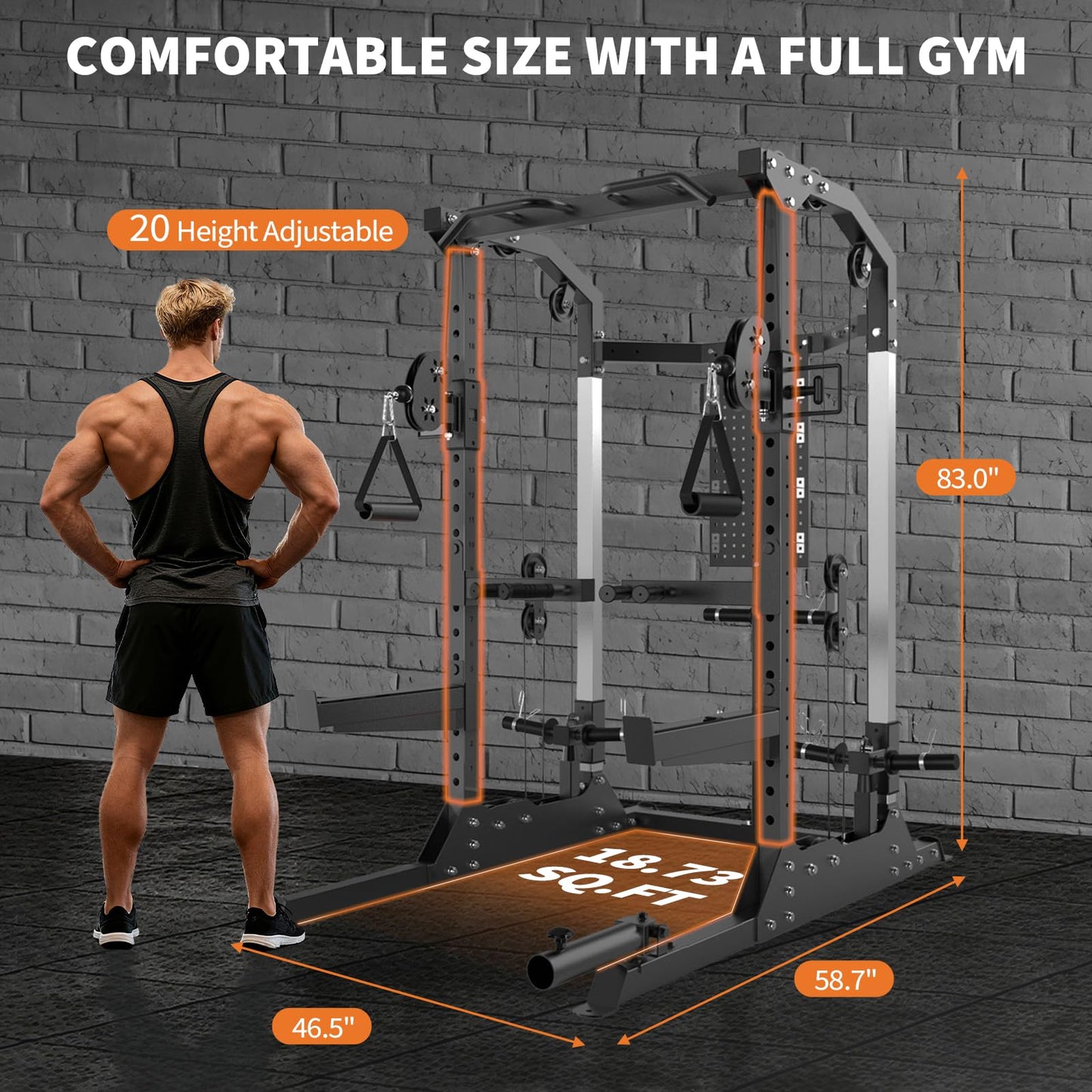 Power Cage, 2000 LB Squat Rack with Dual Pulley Cable Crossover, Multi-Function Home Gym Power Rack with Attachments, Full Body Strength Training Equipment for Home