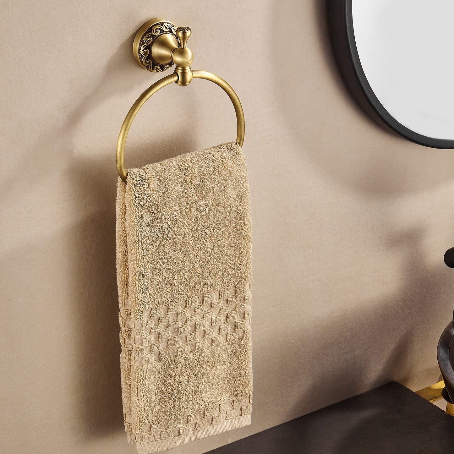 WOLIBEER Brass Towel Ring,Antique Hand Towel Holder, Bathroom Hand Towel Rack Hanger Wall Mounted Retro Kitchen Accessories
