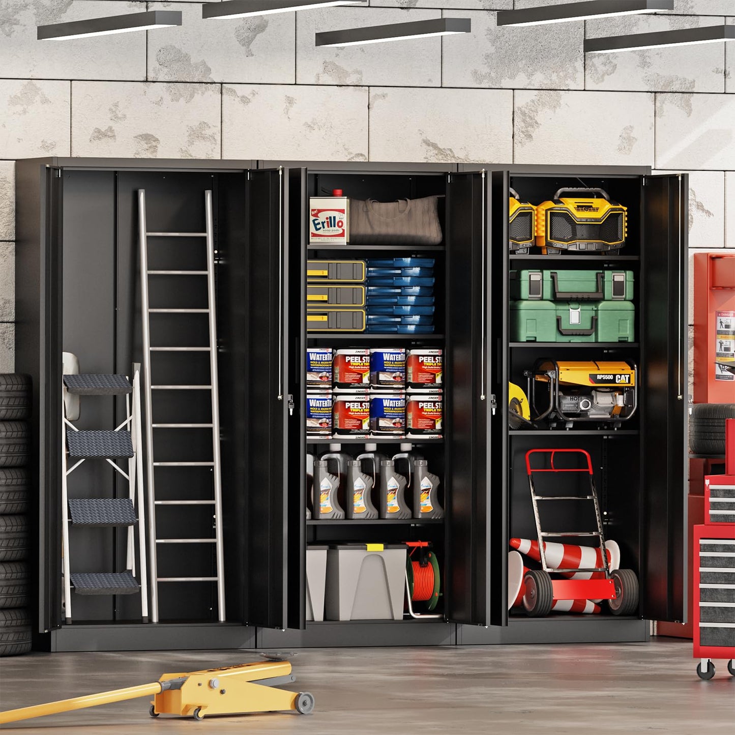Maemttes 72" Metal Storage Cabinet with Doors and Shelves, Tall Garage Cabinets Lockable File Cabinet, Heavy-Duty Locker Cabinet Tool Cabinets for Garage, Office, Home, Kitchen (Black)