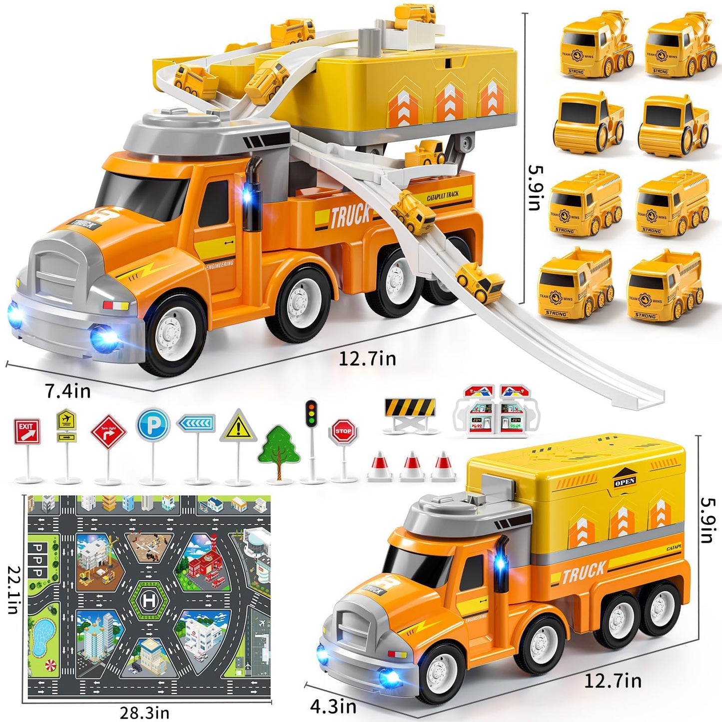 Doloowee Construction Truck Toy Set with 8 Vehicles, Car Carrier with Movable Station, Educational Vehicle Toys for Kids 3-8 Years, Orange