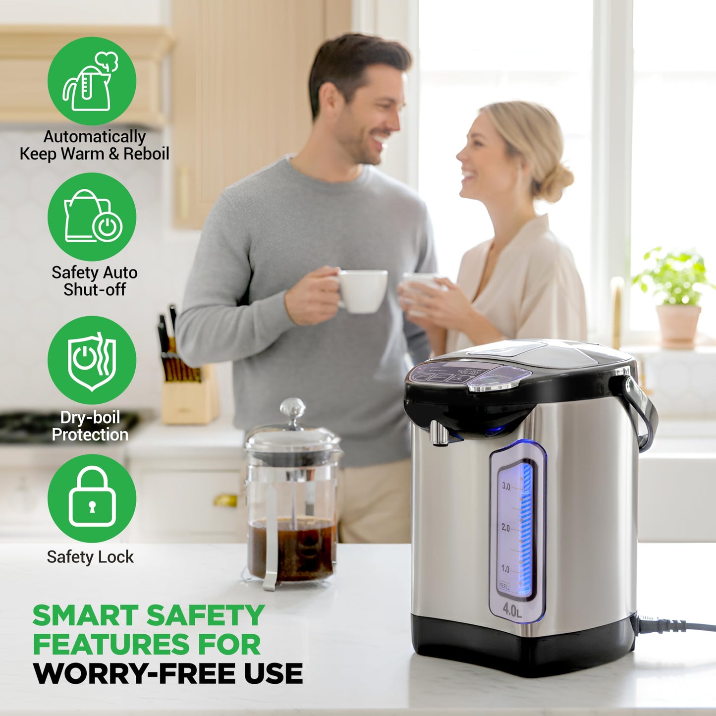 NutriChef Electric Water Boiler and Warmer - 4L/4.2Qt Stainless Steel Electric Hot Water Dispenser w/Rotating Base, Auto Shut Off, Safety Lock, Instant Heating for Coffee & Tea (NCHUB24)