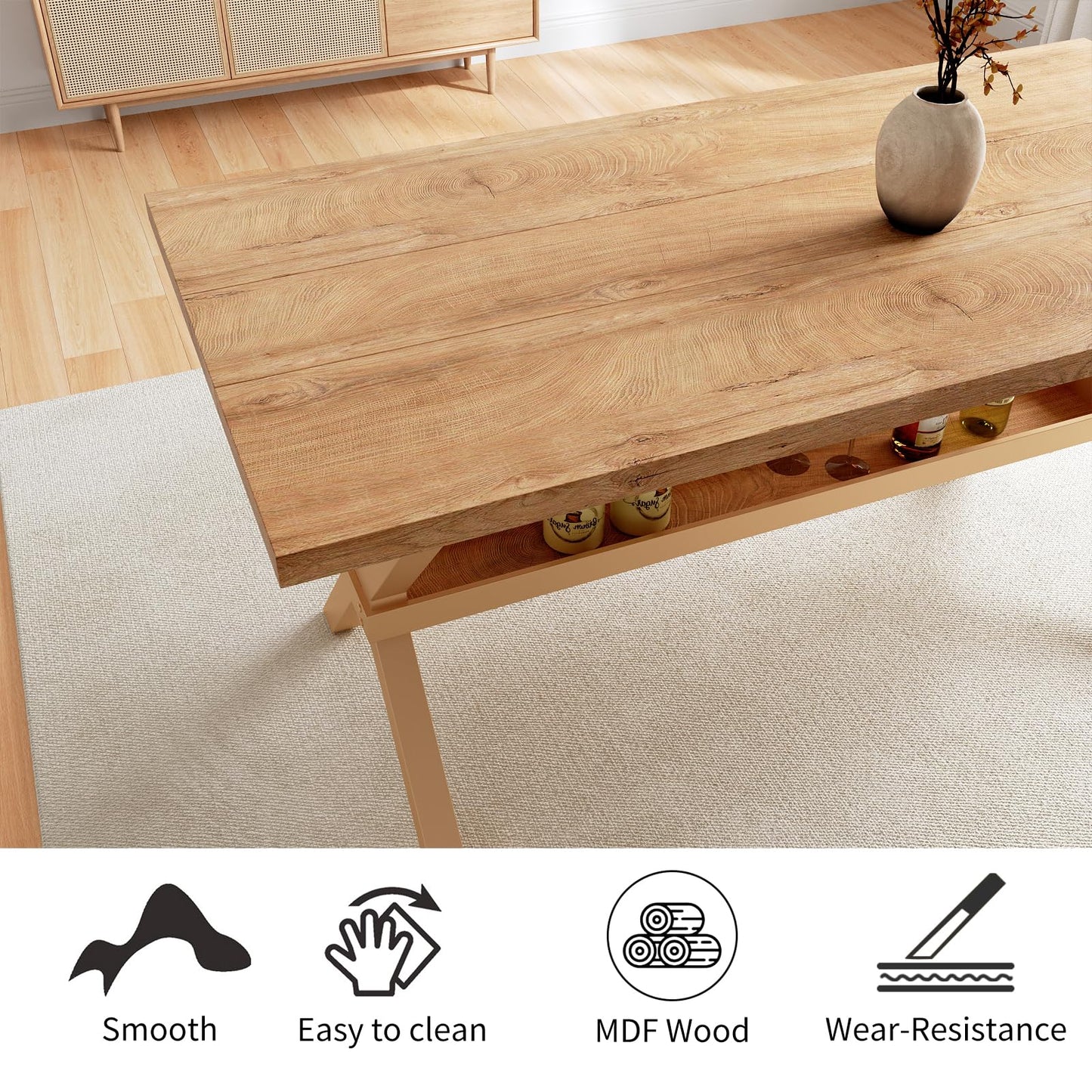 HIPIHOM 63" Dining Table Set with 2 Dining Benches for 4, Scratch Resistance MDF Kitchen Table with Sturdy Metal Legs, Small Dining Table Sets for 4 for Family Gatherings