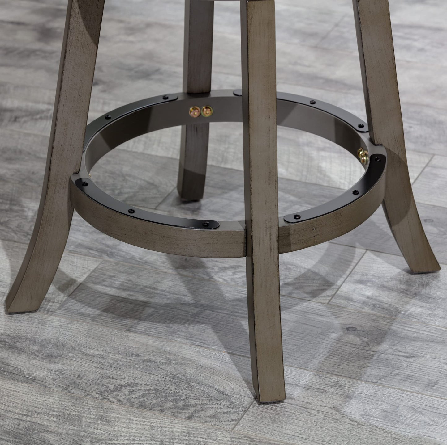 DTY Indoor Living Meeker X Back Fabric Swivel Stool, 30” Bar Height, Weathered Grey Finish, Black Leather Seat