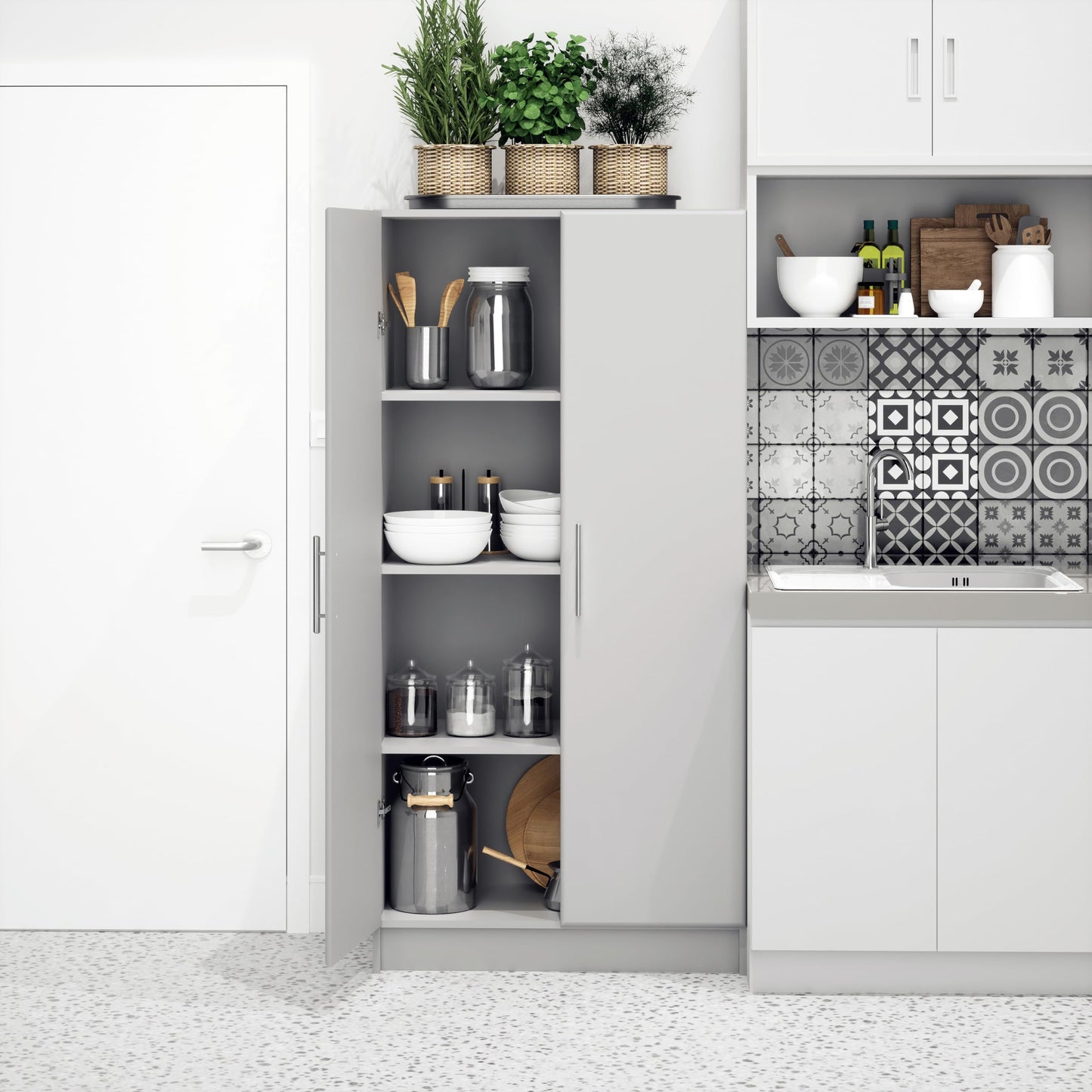 Prepac Elite Tall Garage Storage Cabinet & Pantry Storage Cupboard, 2-Door Freestanding Bathroom or Pantry Cabinet with Adjustable Shelves, 16" D x 32" W x 65" H, Light Gray
