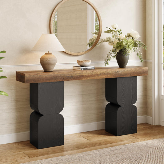 63-Inch Console Table, Heavy-Duty Look, Behind Couch Sofa Table, Color Blocking Design, Bold Structural Presence, Modern Entryway Furniture for Living Room, Hallway, Foyer, Brown + Black