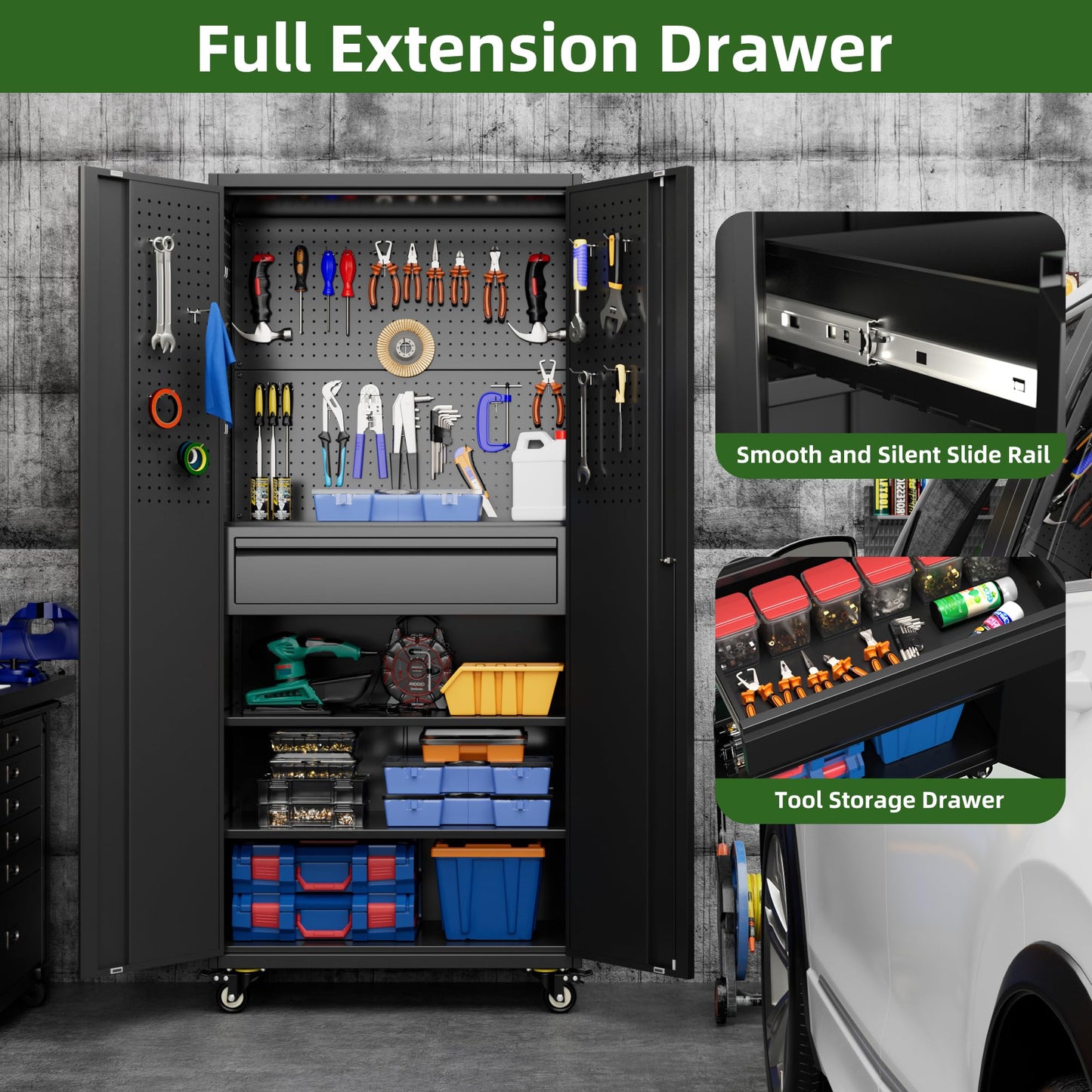 Reemoon 71" H Garage Storage Cabinet with Wheels and Doors,Metal Tool Storage Cabinet with Pegboard and Drawer for Garage Warehouse Home,Required Assembly,Black