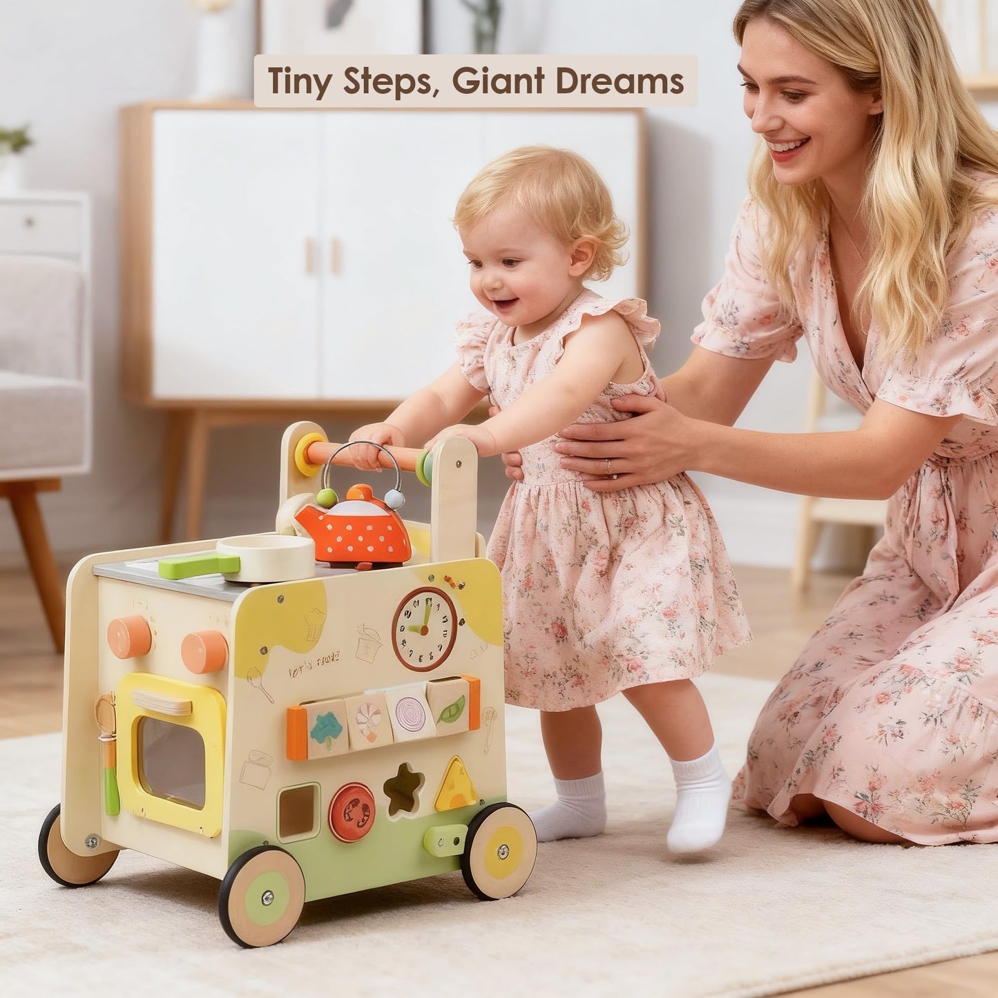 Wooden Baby Walker 3-in-1 Push Toy for Toddlers, Montessori Sensory Activity Center with Pretend Kitchen, Adjustable Speed Learning Walker, Safe Wooden Toy, Ideal Gift for Boys and Girls