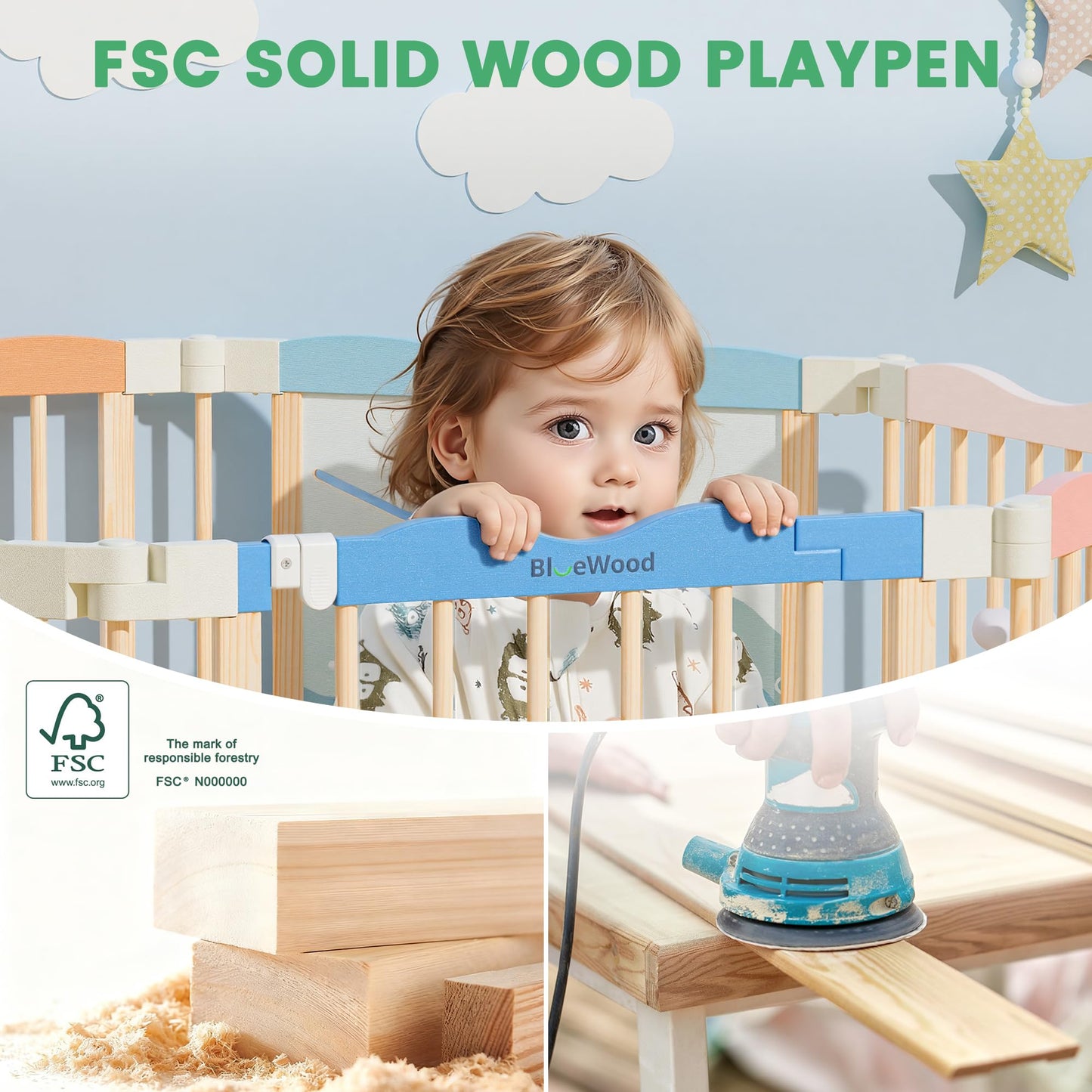 Foldable Wooden Playpen - Adjustable Wood Baby Play Yard with Child-Proof Lock, Indoor Large Safety Fence for Babies and Toddlers - Easy Assembly, 55 x 55 x 24 inches, Ocean Adventure, Colorful