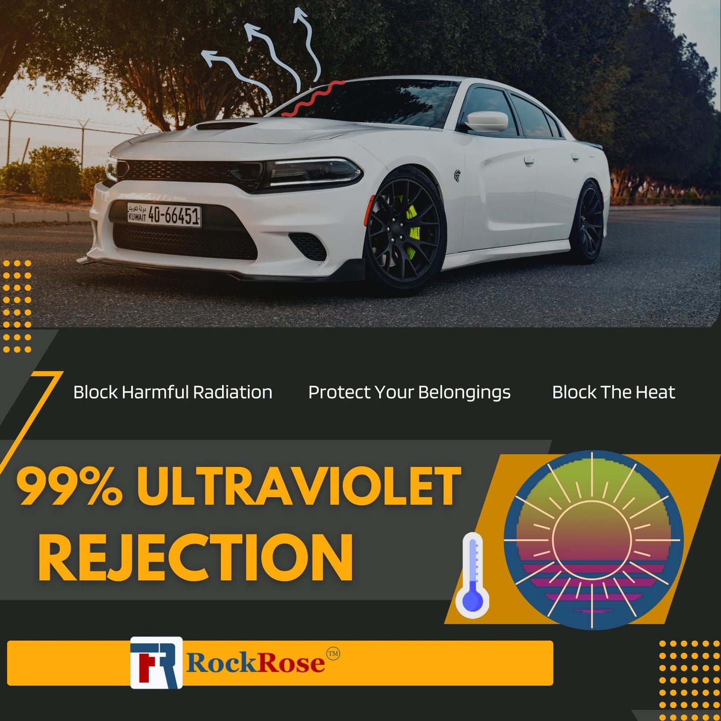RockRose 20% Nano Ceramic Car Window Tint 36 in x 100FT 2PLY Privacy Film Heat Block, 99% UVR, and 85% IRR Block for Auto or Home Strong Adhesive, Easy Shrink, Plotter Friendly - Charcoal
