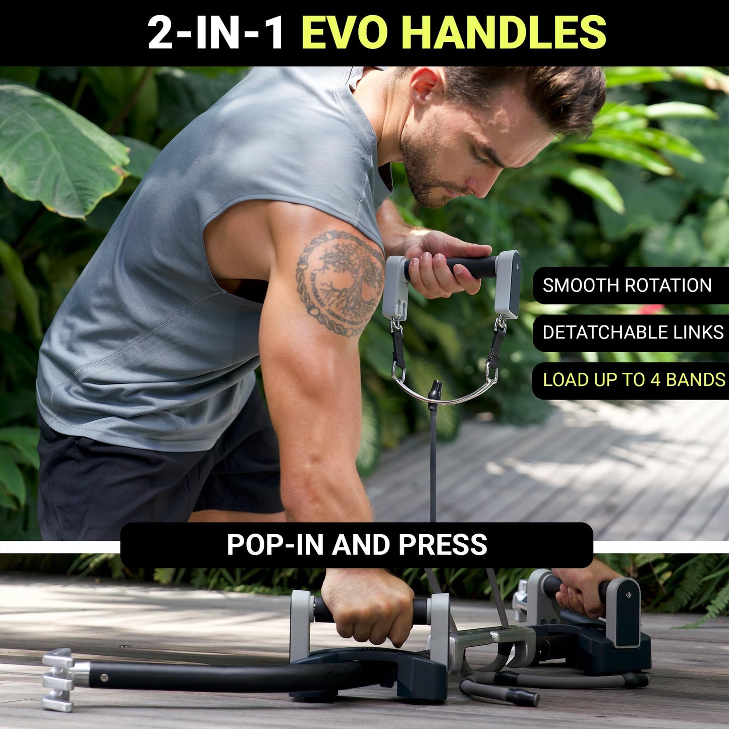 EVO Bow - All in One Portable Home Gym System with Weighted Pushups | Compact Strength Training and Exercise Equipment for Travel with Notched Resistance Bands for Full Body Training | 300lbs (Ultra)