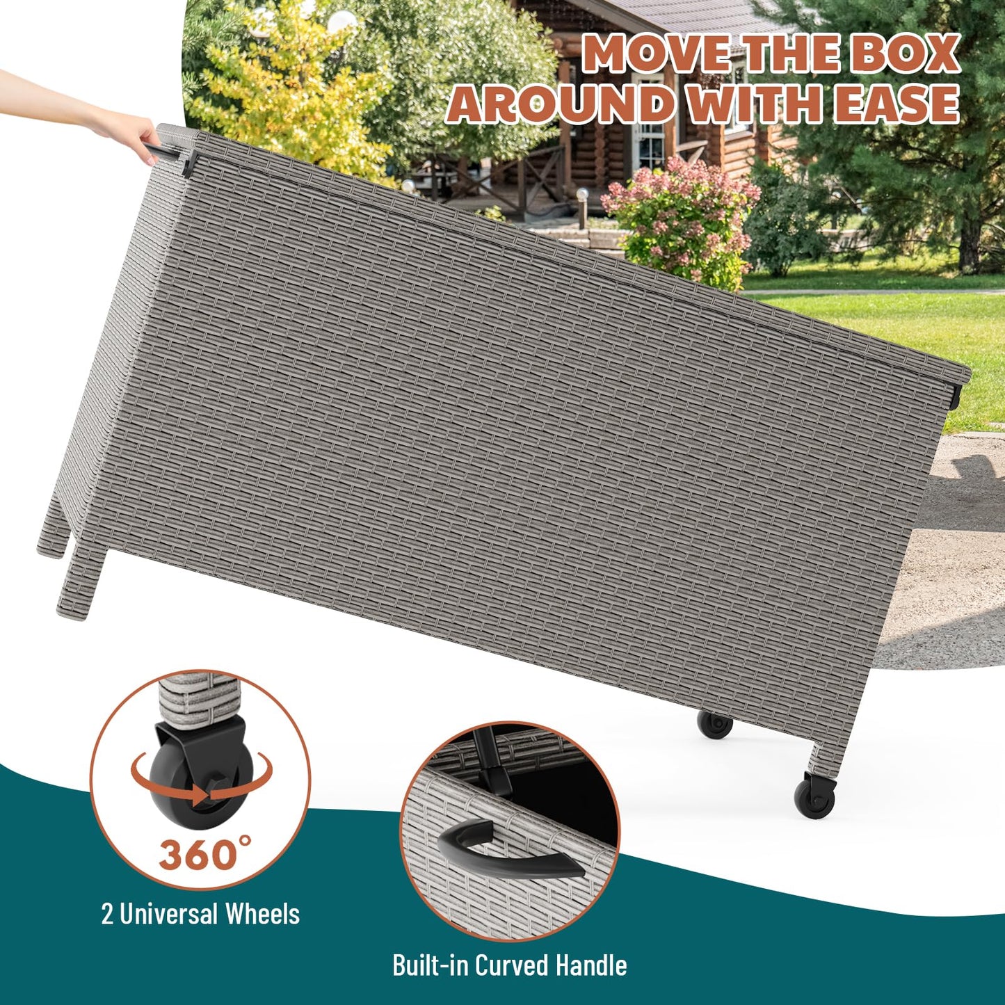 HarmonyHealth 120 Gallon Rattan Deck Box, Outdoor Storage Box With Wheels and Handle, Waterproof Large Storage Bench Organizer for Patio Backyard Cushions, Pool Supplies and Garden Tools, Grey