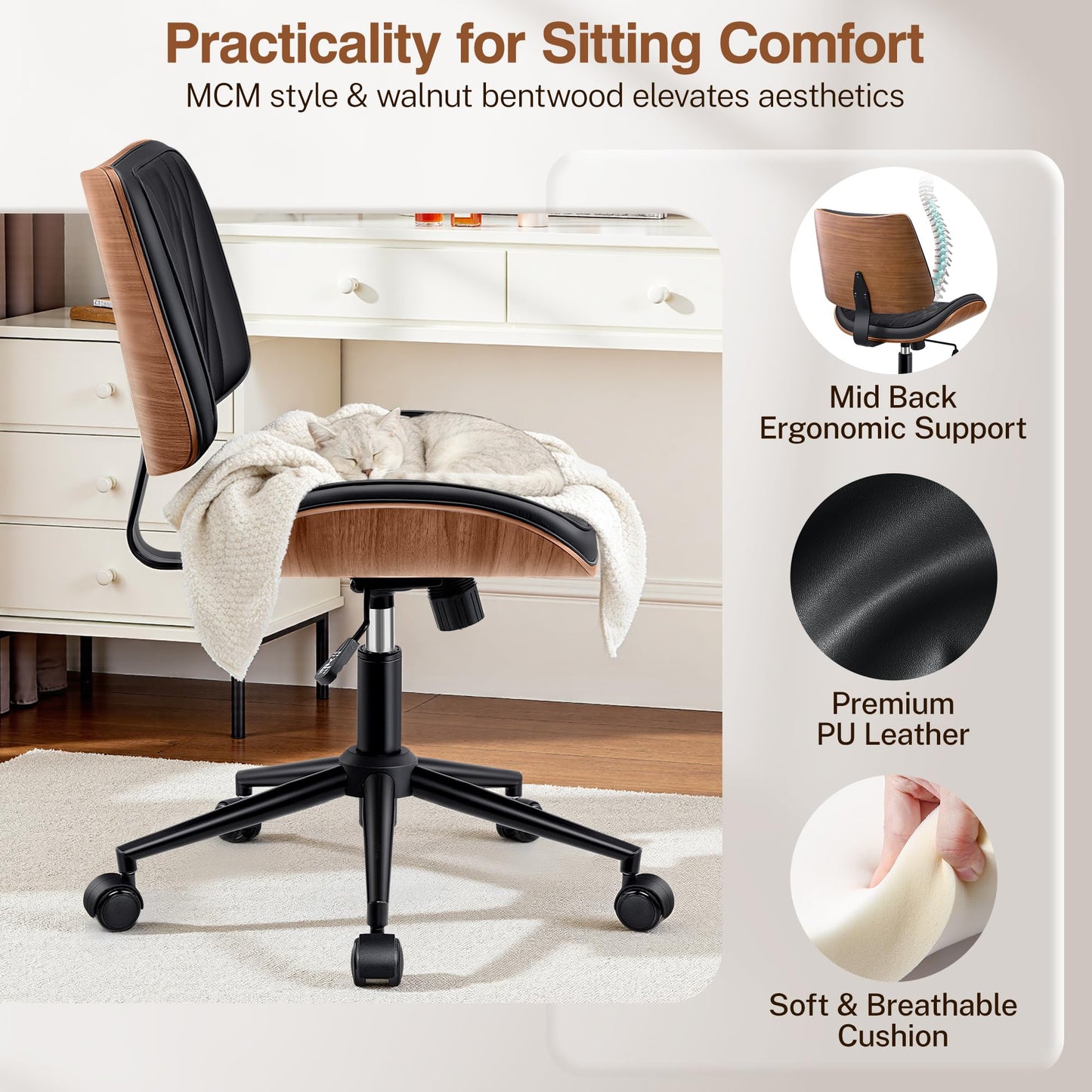 Ergonomic Armless Office Desk Chair - Mid-Century Modern Black Faux Leather with Diamond Stitch, Adjustable Height Swivel Rolling Task Computer Chair with Walnut Accent for Home Office, Study & Work