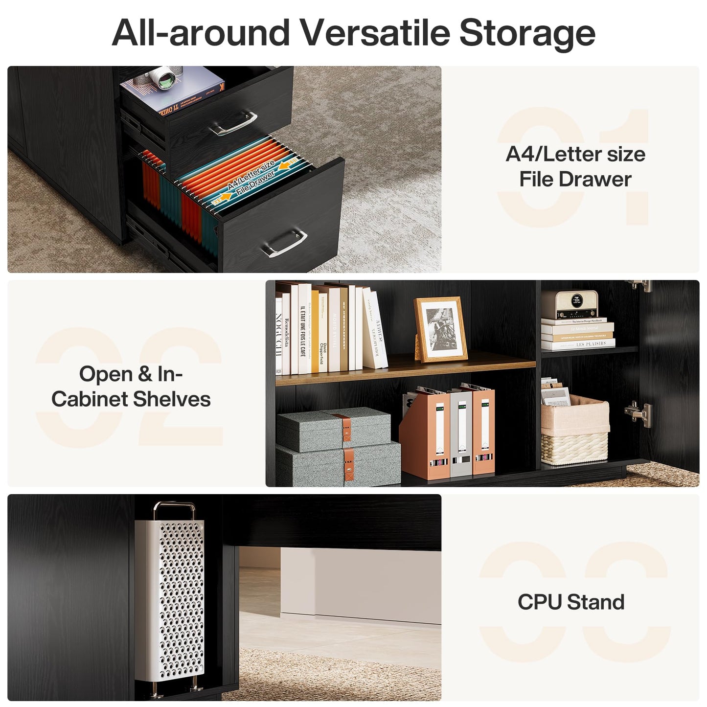 Tribesigns 85.8-Inch L-Shaped Executive Desk with File Drawers, Door Cabinet & Shelves, Extra Large Commercial Office Desk, Modern Professional Office Table, Business Furniture, Warm Brown & Black