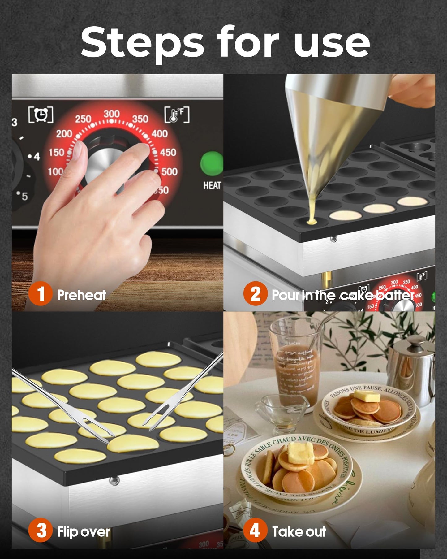POPFOODEX 110V Mini Pancake Maker, 50PCS Commercial Dutch Pancake Griddle w/Non-Stick Coating, Pancakes Maker Machine With 2 Thermostats & 2 Timers, Suitable for Home Kitchens, Restaurants, Snack Bar
