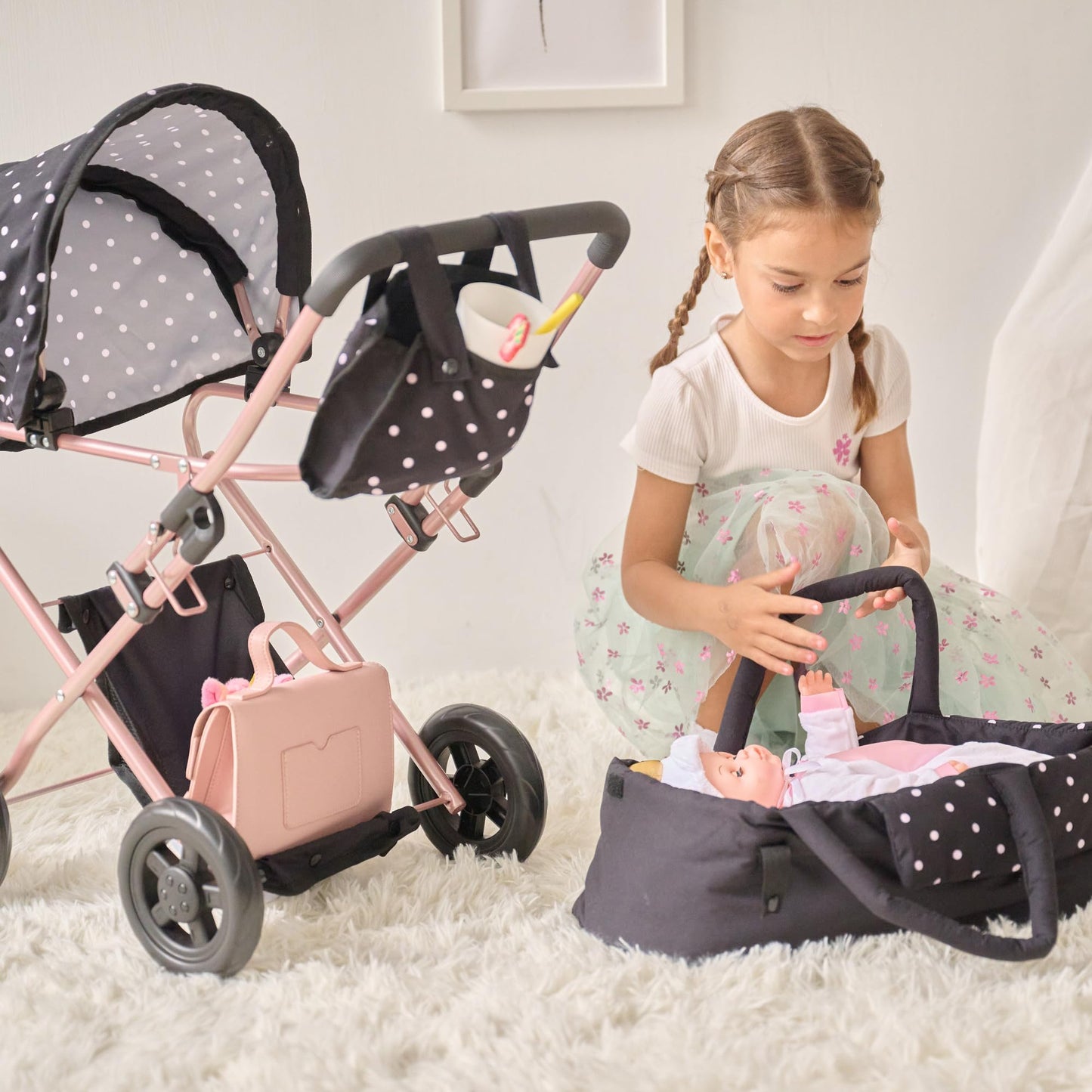 Olivia's Little World Pin Up Foldable Baby Doll Stroller- Classic Style Doll Pram with Retractable Canopy and Storage Basket, Fits 15''-18'' Dolls, Pretend Play Toy for Girls Ages 3-6