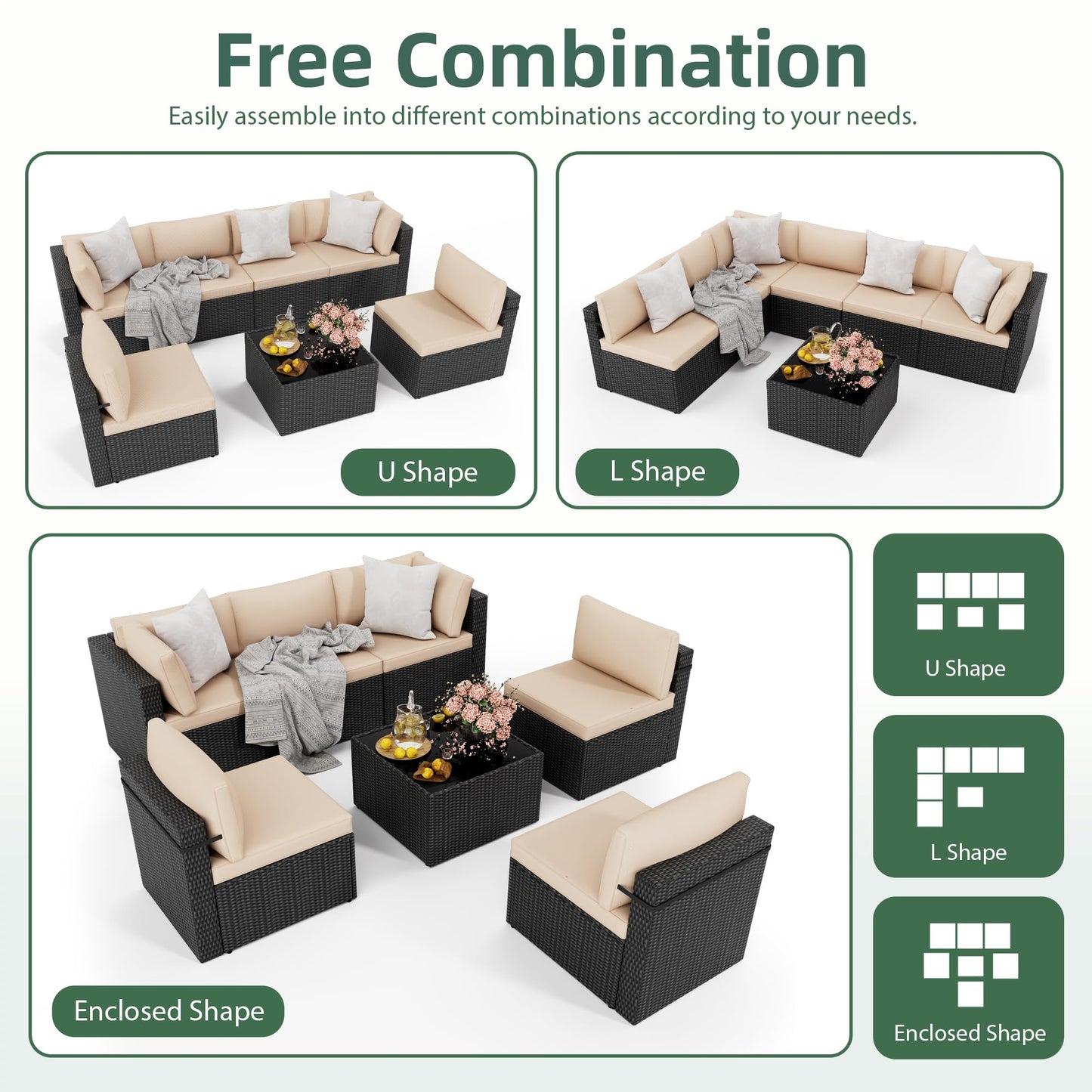 PATIOPIA 7-Piece Outdoor Sectional Sofa Set, Weather-Resistant Patio Furniture Set with Washable Cushions and Coffee Table, Black Rattan Patio Conversation Set for Poolside, Backyard, Deck (Beige)
