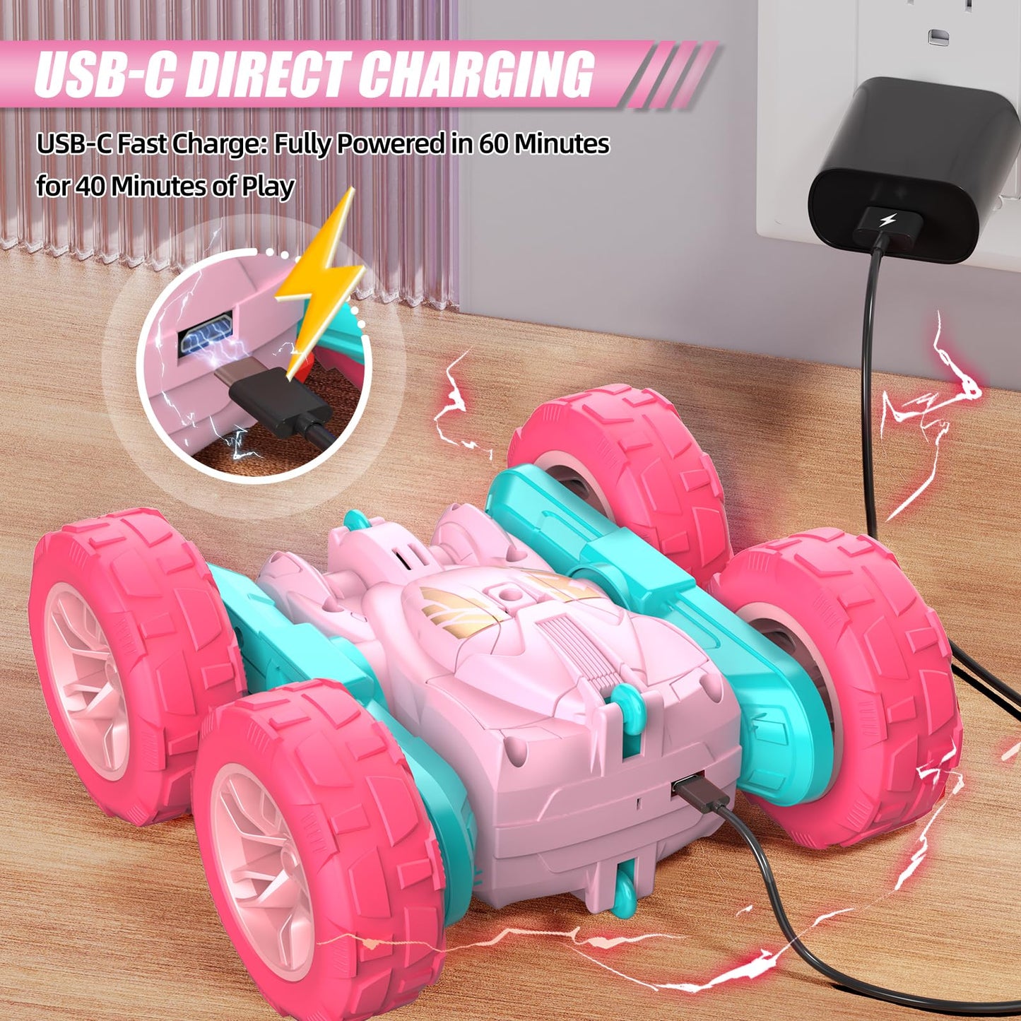 RacingFun Pink Remote Control Car for Girls，2.4 Ghz Double Sided RC Cars 360° Rotating Remote Control Crawler with USB-C Easy Charging Car Toys for 4 5 6 7 8 9 10 Girls Birthday Gift Grandkids