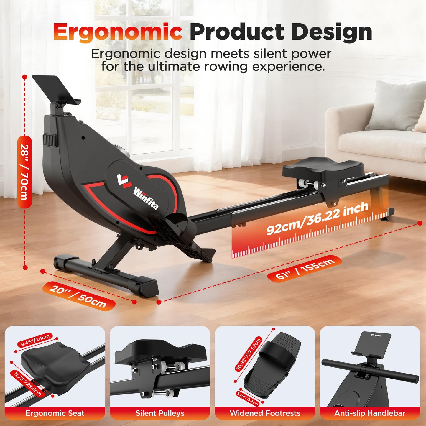 Winfita Rowing Machines for Home,Quiet Resistance Magnetic Rower Machine with 32 Levels,350lb Weight Capacity,Compact Dual Slide Rail,LED Monitor & Comfortable Seat,App Supported&Tablet Holder