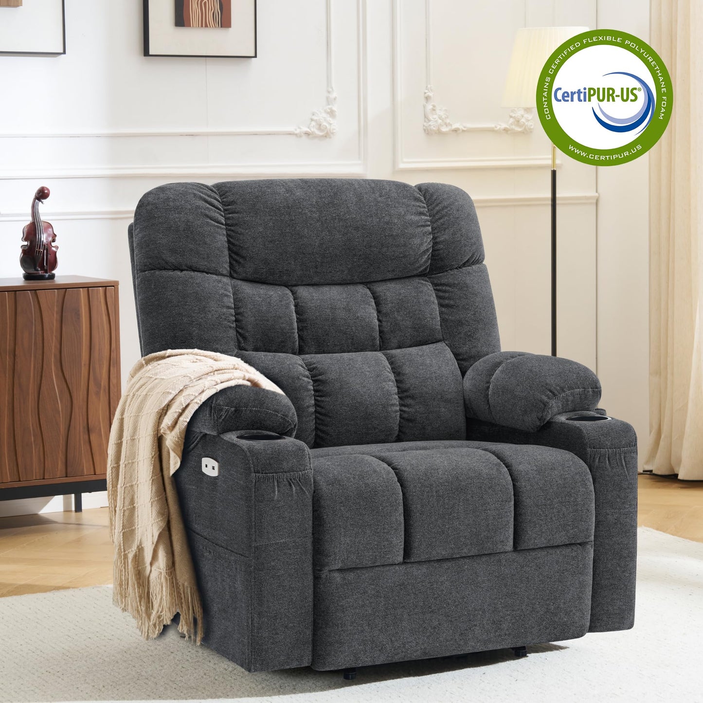 MCombo Dual Motor Power Lift Recliner Chair with Massage and Dual Heating for Elderly, Lay-Flat for Sleeping, Extra Wide for Big and Tall, Fabric R7070 (Dark Grey)