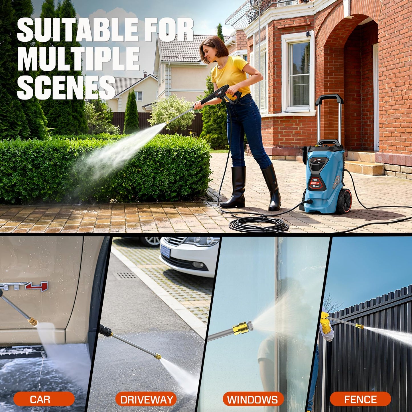 SENIX 2000 PSI Electric Pressure Washer, 1.2 GPM Compact Power Cleaner w/ 4 Nozzles, 25ft Hose & 35ft Cord. Portable High-Pressure Sprayer for Cars, Driveways, Patios, Decks & Home Outdoor Use
