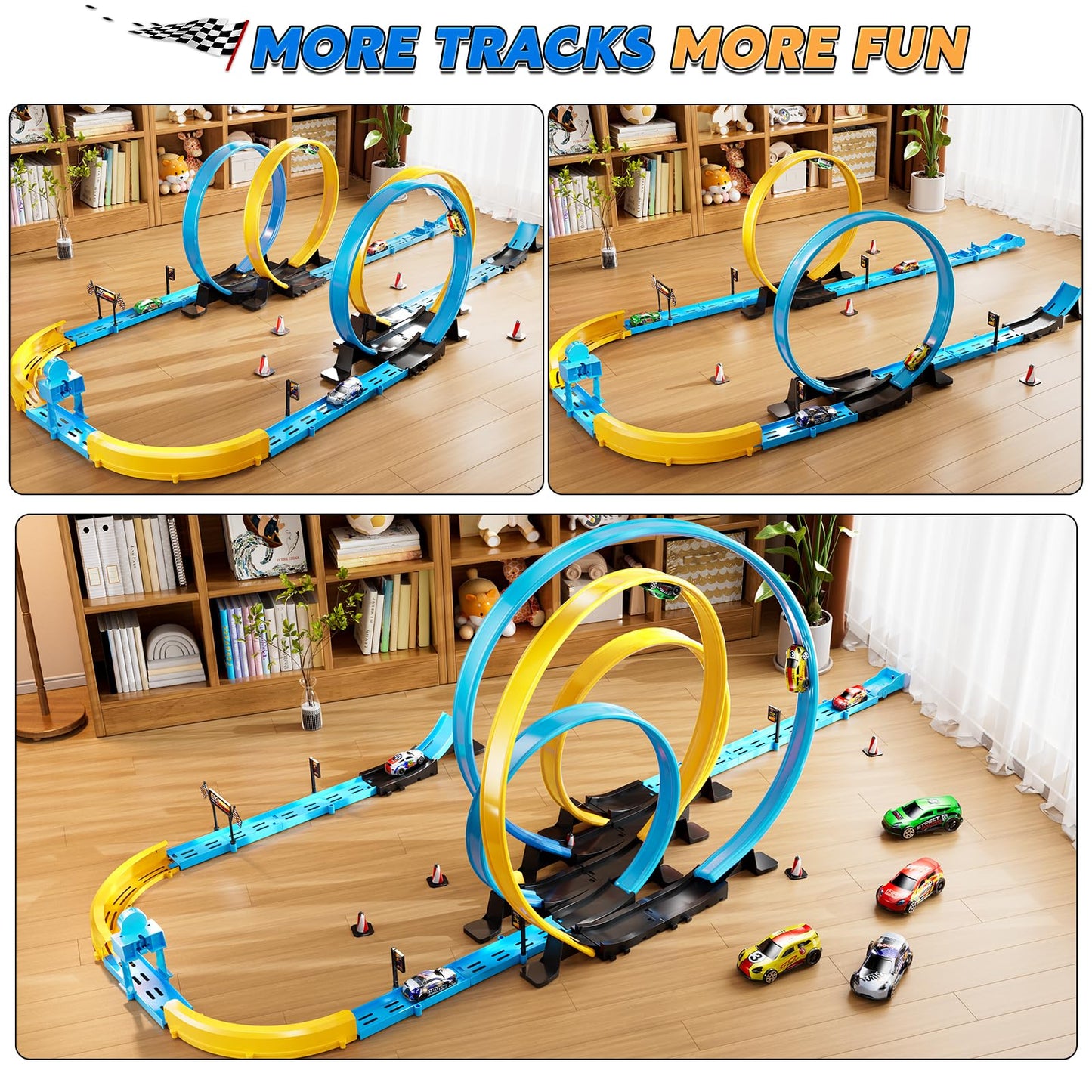LILYBUDS Toy Car Track Gift Set for Boys Kids Age 3-5 4-7 8-12, Long Race Tracks with 4 Action Loops and 4 High-Speed Slot Die-Cast Race Cars, 35+ Pieces Race Tracks to Create Multiple Configurations
