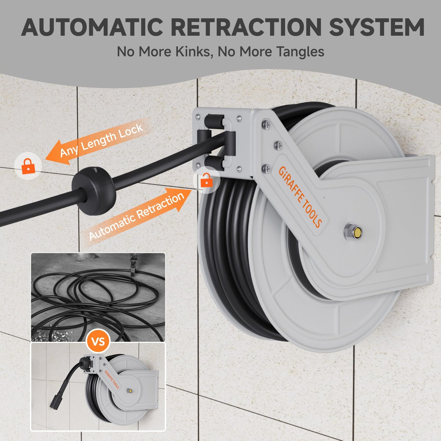 Giraffe Tools Retractable Pressure Washer Hose Reel, Wall-Mounted, 65ft Auto-Rewind Hose Storage, 3200 PSI Heavy-Duty Steel