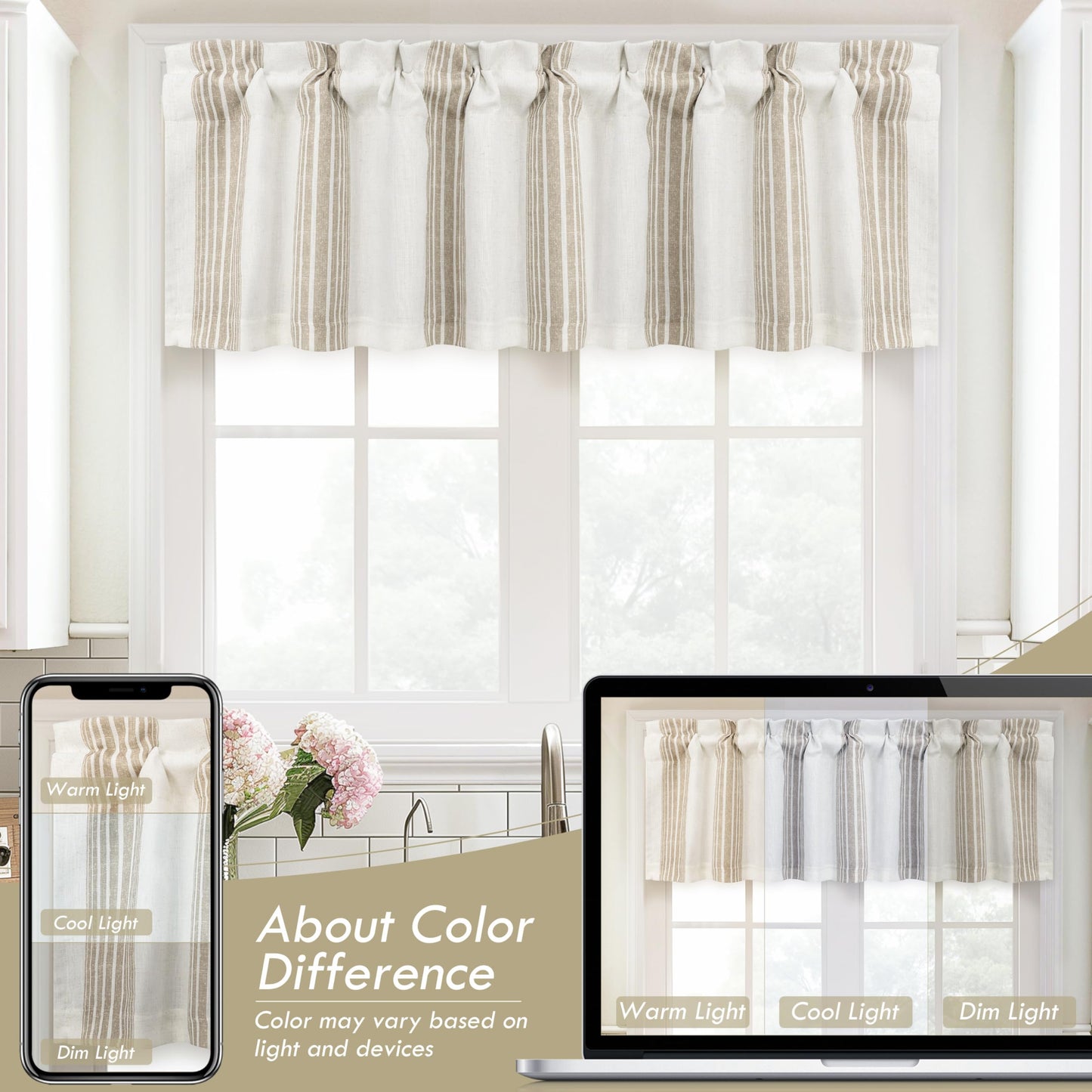DriftAway Chris Linen Lined Valance 2 Layer Thermal Insulated Room Darkening Blackout Window Valances 3 Inch Rod Pocket Vertical Striped Kitchen Valance for Bathroom 52 Inch by 14 Inch Camel Beige