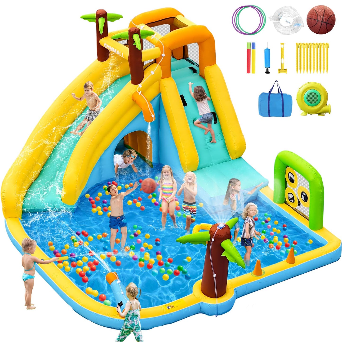 GYMMALL Inflatable Water Slide Bounce House with 450 W Blower, Blow up 10-in-1 Waterslide Park Bouncy Castle Outdoor and Indoor, Bouncer House with Splash Pool, Sprinklers and Long Slide