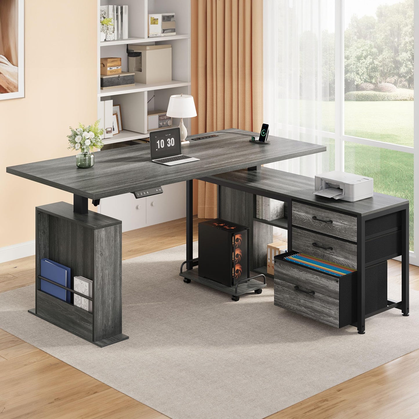 Homiflex 63" L Shaped Standing Desk with 3 Drawers Electric Adjustable Height Desk Corner Standing Desk with Storage Computer Game Desk with Power Outlets Computer Tower Stand for Home Office, Grey