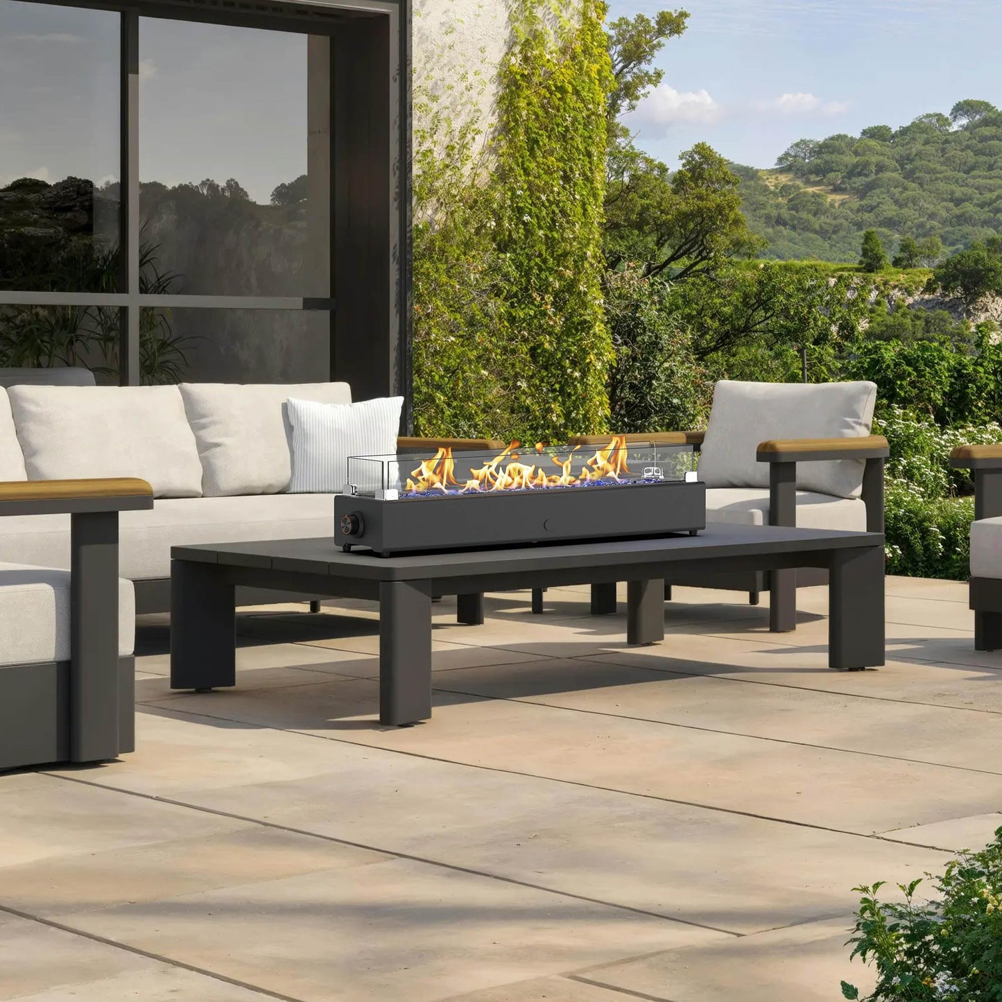 36-inch Table Top Propane Fire Pit, 40,000 BTU Tabletop Firepit for Patio, Outdoor Portable Rectangular Fire Bowl w/Wind Glass Shield, Glass Rocks - Black