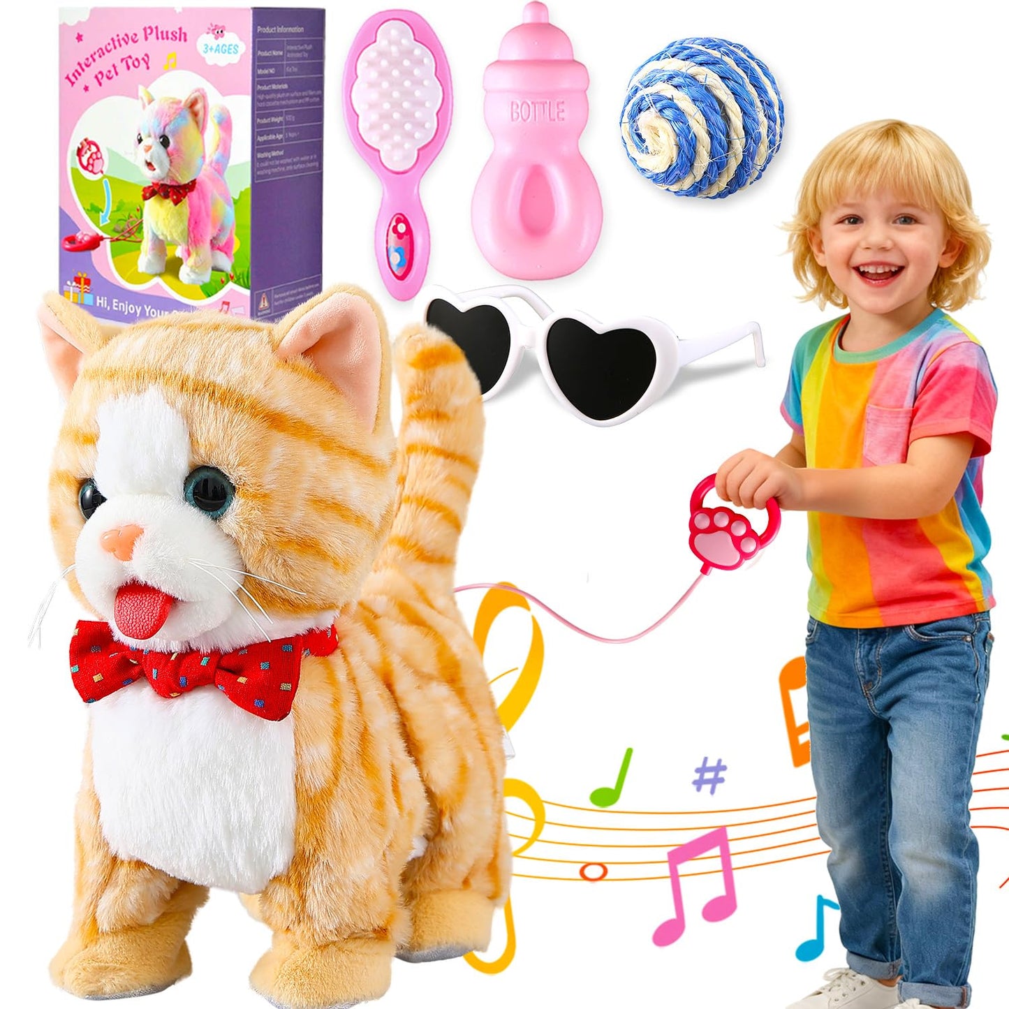 Yellow Walking Cat for Girls Set Toy Talking Singing Animated Robot Kitty Interactive Plush for Cat for Kids Kitten Robotic Plush That Meow and Purrs Electric Robot for Toddlers Baby