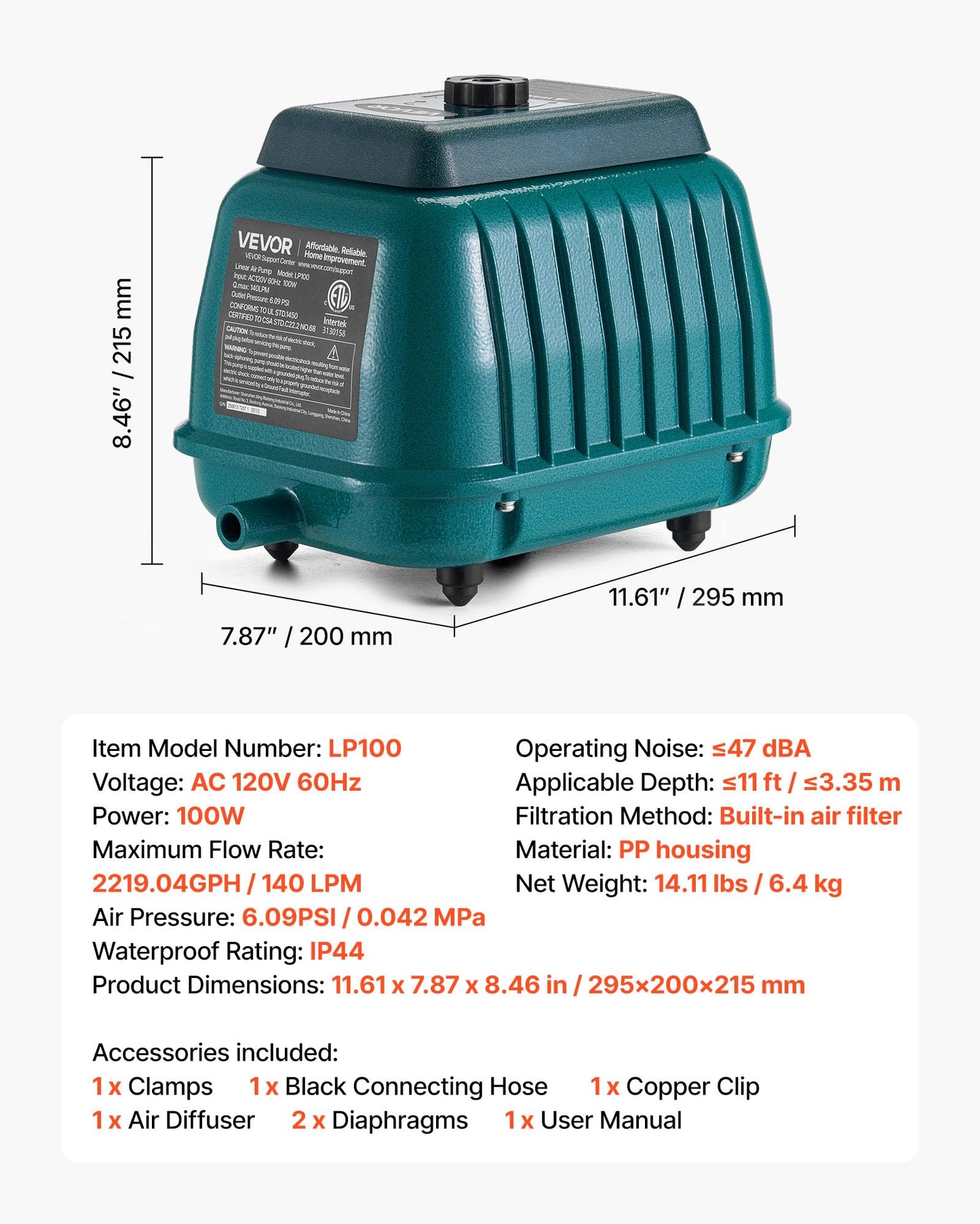 VEVOR Commercial Linear Air Pump 2219 GPH | High Output Aerator for Septic Tanks, Large Pond Aeration, Wastewater Treatment Systems | Up to 11ft Deep for Fish Farms, Hydroponics, Restaurants