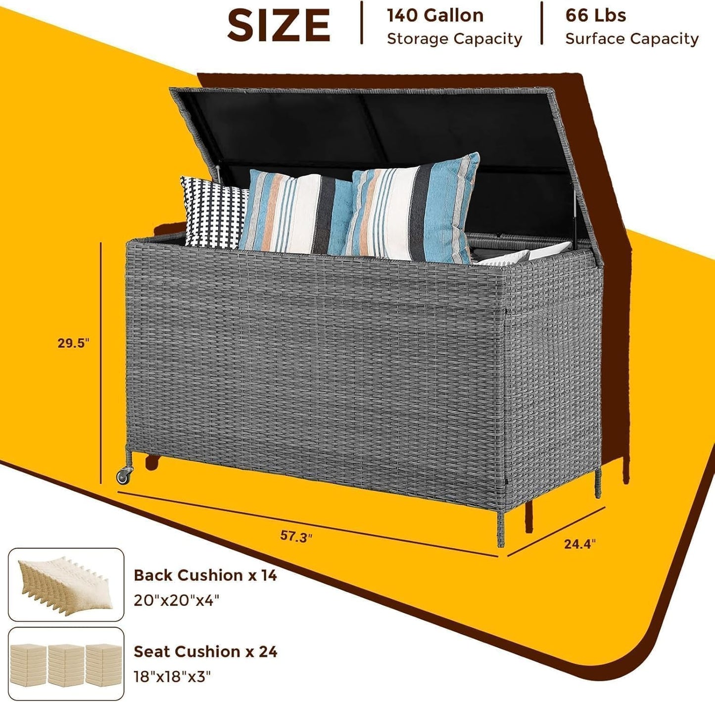 Hipicute 140 Gallon Outdoor Storage Deck Box, Large Rattan Storage Bin Wheel for Patio Cushions, Garden Tools and Pool Supplies, Waterproof, Grey