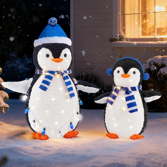 DUMOS 2-Piece Lighted Penguin Family Outdoor Christmas Decoration, Pop up Holiday Decor with 150 LED Lights for Yard, Garden, Storefront, White&Blue