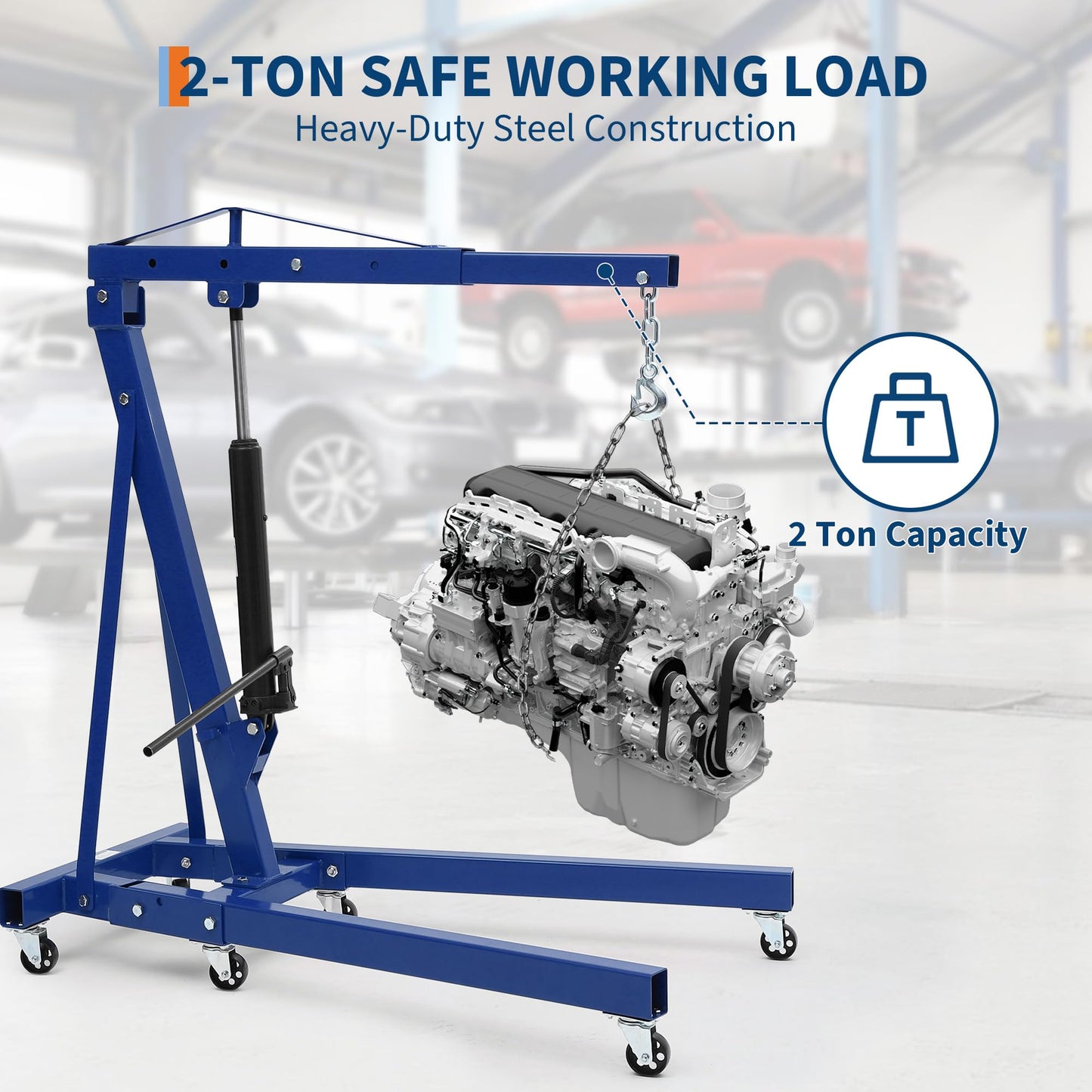 GarveeTech Engine Hoist Cherry Picker, 2 T Folding Hydraulic Engine Hoist with Telescopic Boom & 6 Casters, Heavy Duty Shop Crane Lifting Cherry Picker for Workshops Garage, Blue