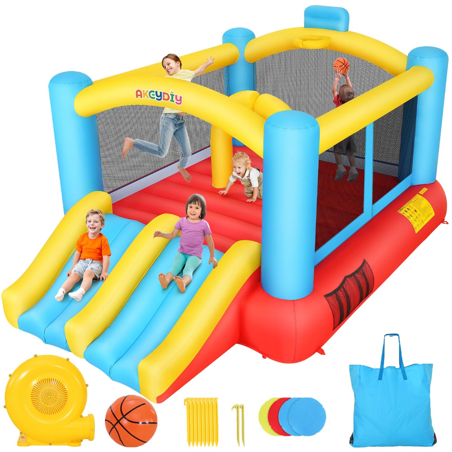 WHUBEFY Bounce House,Inflatable Bounce House for Kids with Blower Included,Indoor/Outdoor Playhouse Kids Bouncy House for Backyard,Jumping Castle with 2 Slides,Jumping Area (Inflatable Bounce House)