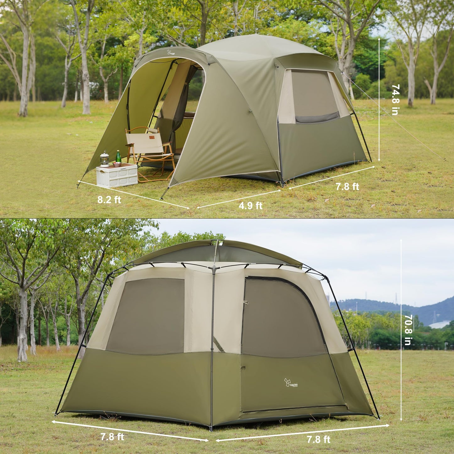 Vidalido 3-4 Person Tent with 1 Mesh Door and 2 Large Mesh Window, Double Layer Waterproof Portable Family Cabin Tent, 4 Person Tents for Outdoor Camping Hiking