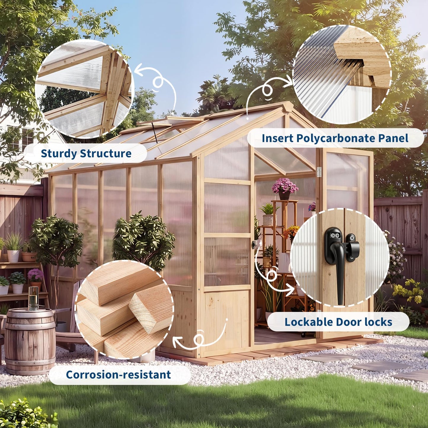 Large Wood Frame Greenhouse for Outdoor - Wooden Walk-in Greenhouse Kit with Polycarbonate Panels, Ventilated Window & Lockable Door for Garden, Backyard, Patio, Lawn, Plant House