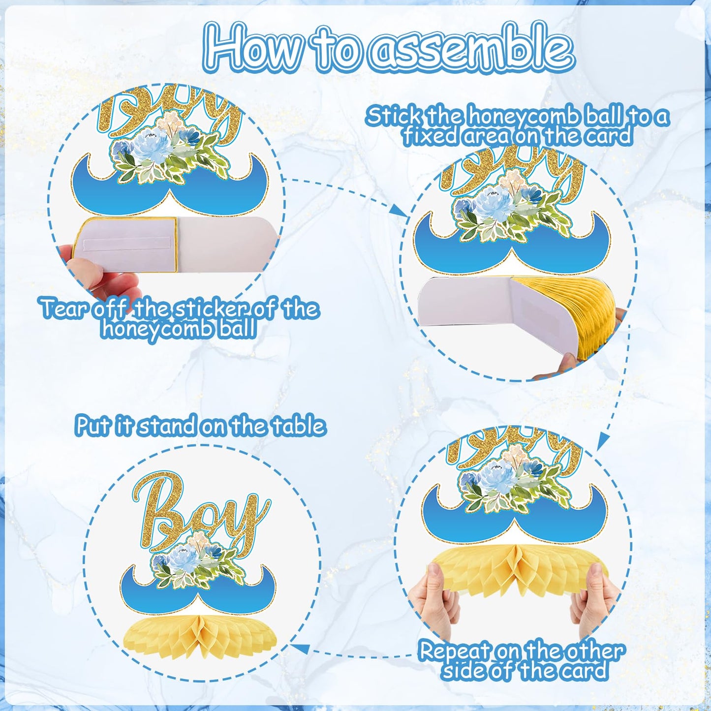 Tarklanda 12Pcs Baby Shower Honeycomb Centerpieces Party Decor for Boys,Blue Gold Floral It's a Boys Gender Reveal 3D Table Centerpieces Decoration for Kids Baby Shower Party Photo Props Supplies