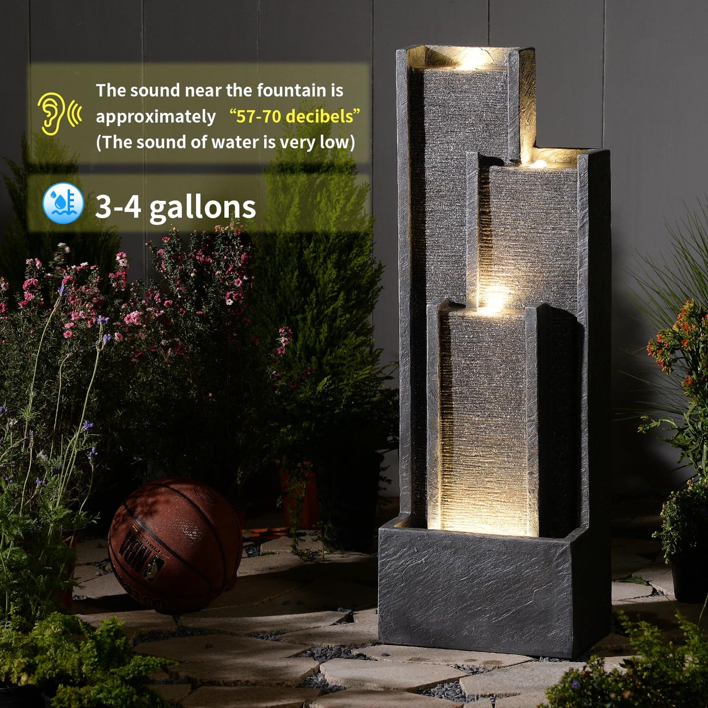 Takamota Modern Outdoor Water Fountain with Lights&Pump, Cascading Waterfall Feature Outdoor, Resin Standing Garden Fountain for Landscaping, Patio, Balconie, Yard Decor, Indoor Water Feature, Grey