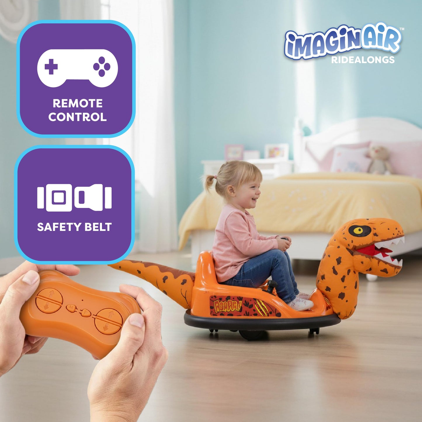 ImaginAir 6V Raptor Dinosaur Toys Bumper Car - Kids Car to Drive, Ride On Toy, Auto-Inflated, w/Music, Parent Remote Control, LED Lights, 360° Spin, 1 MPH, Max Weight of 66lbs, Age 1.5-4 Years