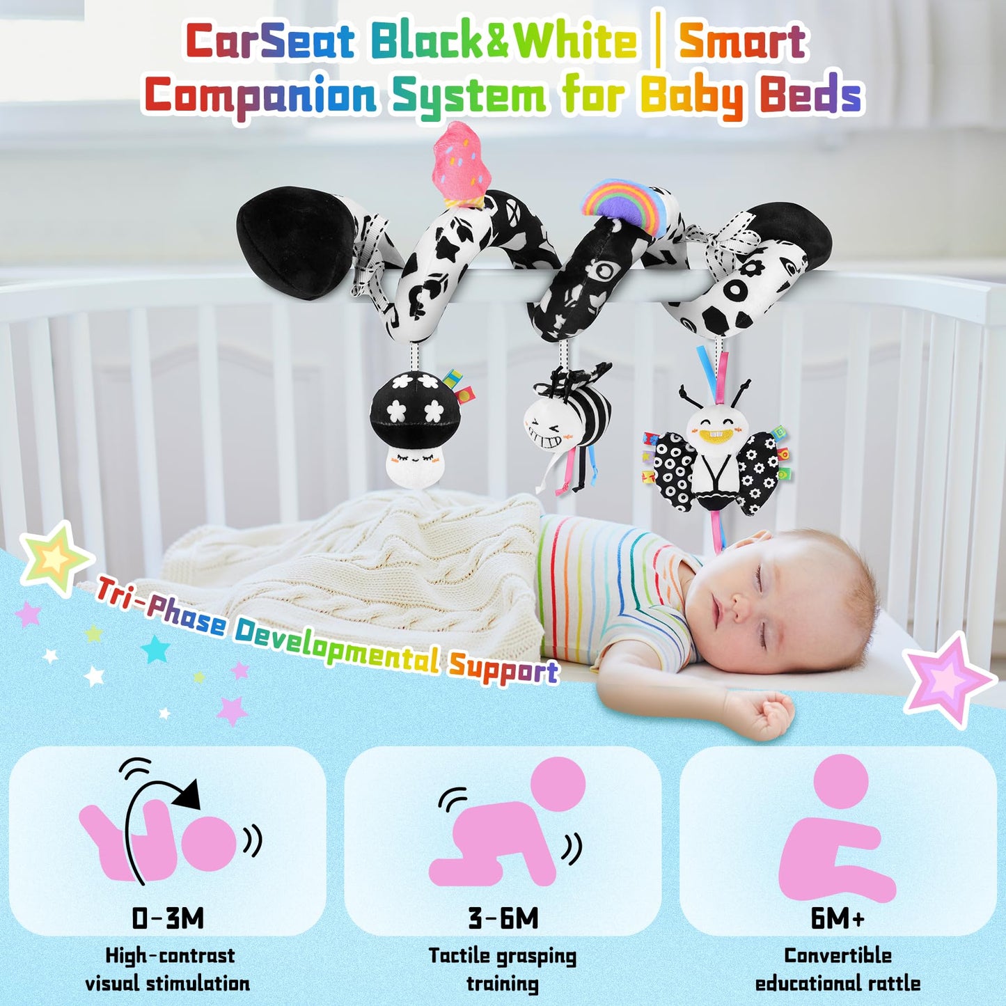 Zendstanding Spiral Car Seat Toys for Babies, 0-6 Months Stroller Pram Activity Hanging Toys High Contrast Black and White Sensory Toy, Newborn Soft Plush Travel Toy for Newborn Boys Girls Gift