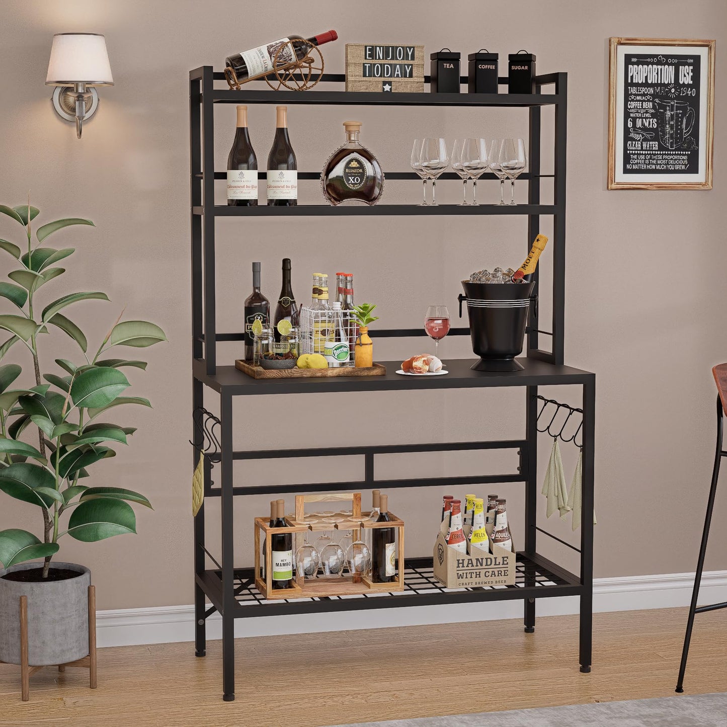 MUVJUG Kitchen Bakers Rack with Open Bottom, 63''H Metal Microwave Stand with 8 Hooks, 4-Tier Heavy Duty Coffee Bar Table with Mesh Shelf, Multi-Purpose Display Rack&Potting Bench Table for Patio
