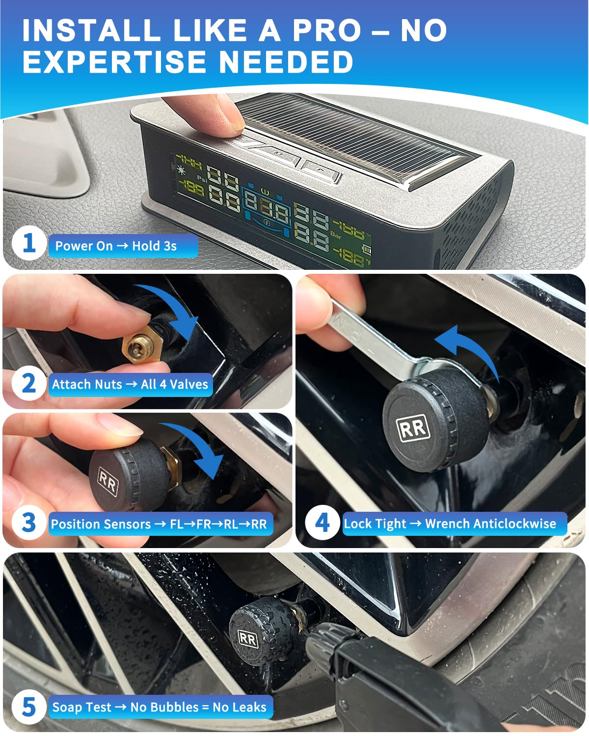 RV Tire Pressure Monitoring System (TPMS) - TPMS sensors Set of 4 & 6 Alarm Modes | Solar/USB Charger | LCD Display | for RV/Truck/SUV/MPV/Sedan.