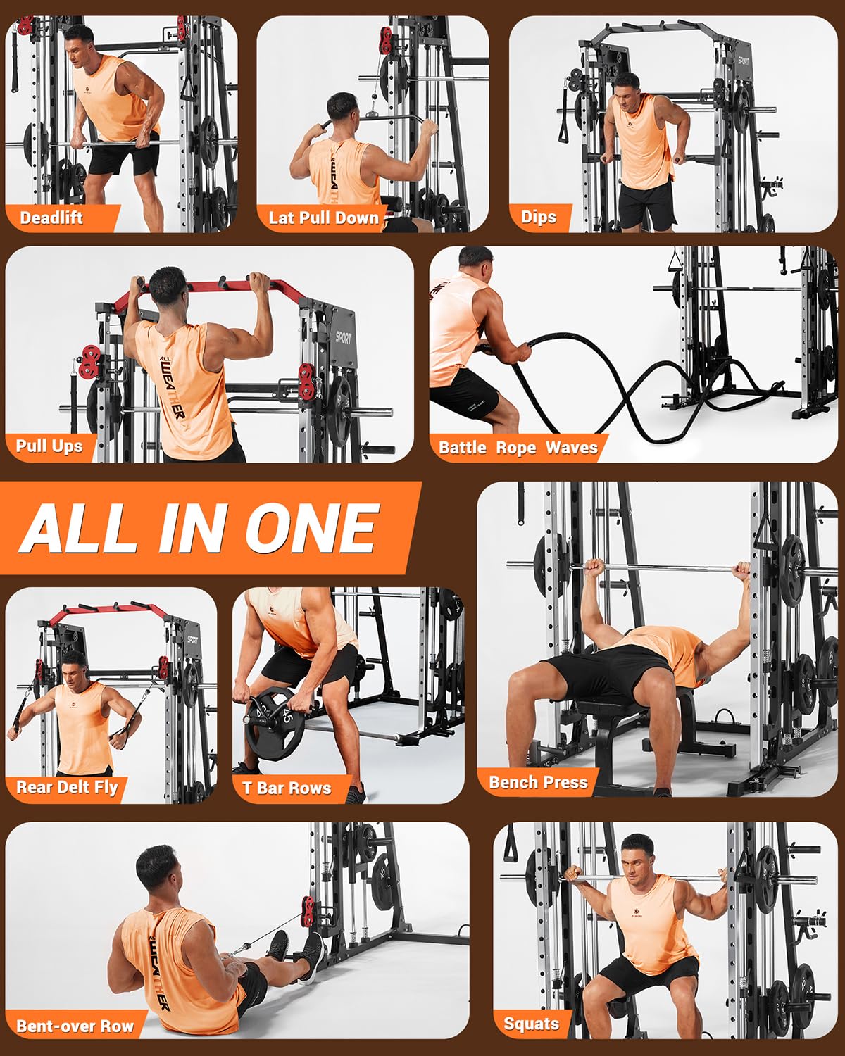 Smith Machines Home Gym with Bench, Squat Rack with Weight Bar, Dual LAT Pull-Down Systems & Cable Crossover Machine for Full-Body Workouts Training, Red & Black