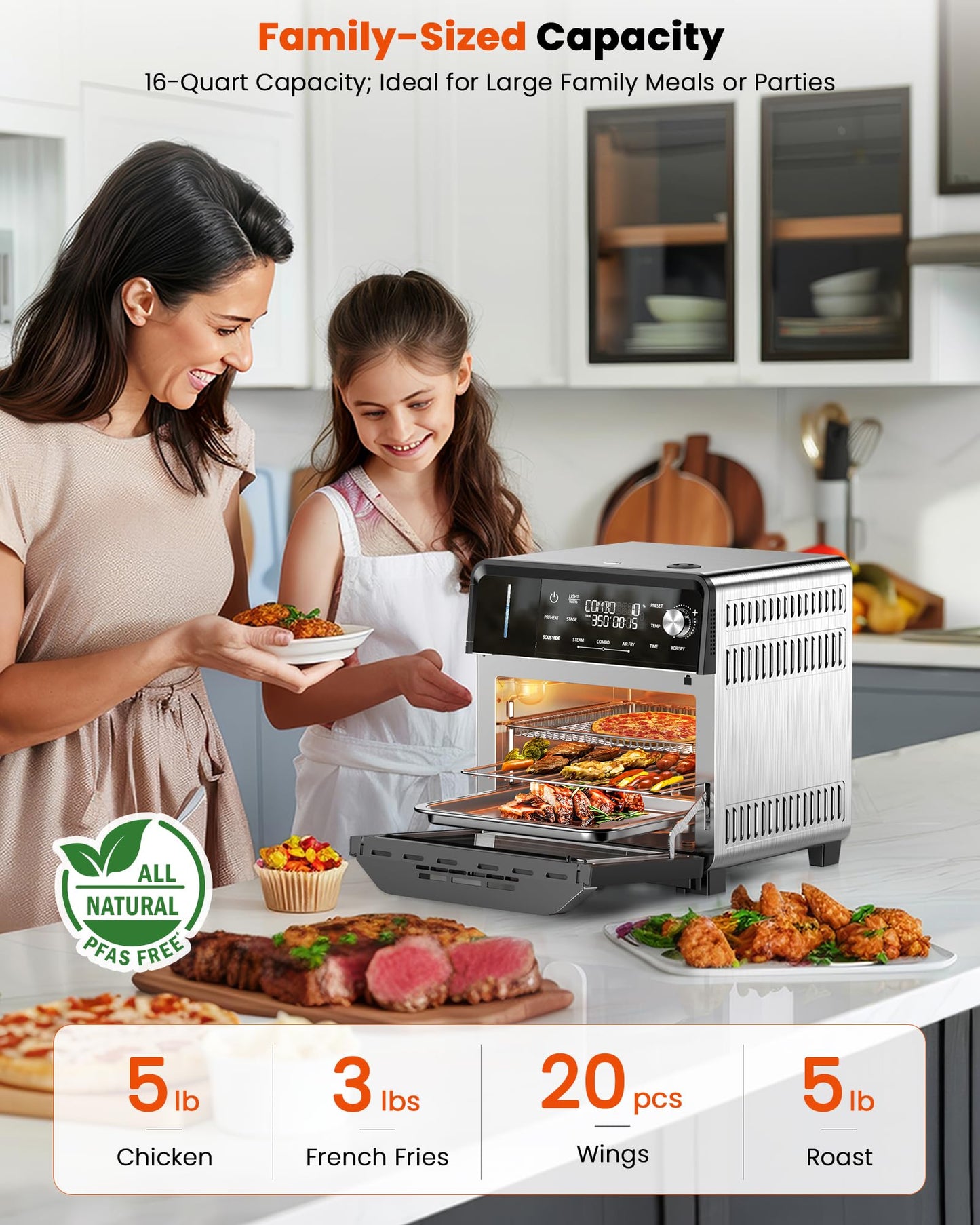 Nuwave Combi Steam Oven, Non-Toxic Stainless Steel Multi-Cooker with Air Fry, Sous Vide, Toast & More, 50-450°F Precision, 120 Presets, Moisture Control, Programmable, Easy to Clean, 16 quarts