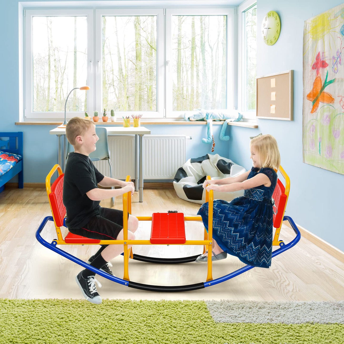 Costzon Teeter Totter Seesaw for Kids Outdoor, 2 in 1 Metal Rocking Seesaw for Toddlers with Easy-Grip Handles, Indoor Outdoor Rocker Toy Gifts for Ages 2-5, 1-3 Person Home Preschool Backyard See Saw