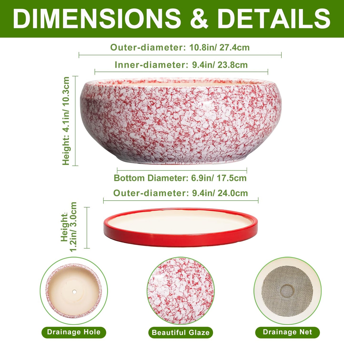 EPFamily Bonsai Pots 10 Inch - Ceramic Succulent Planters for Indoor Plants Outdoor, Succulent Pots with Drainage Hole and Tray, Round Shallow Planter, Bonsai Planter, Home Decor, Gardening Gift, Red
