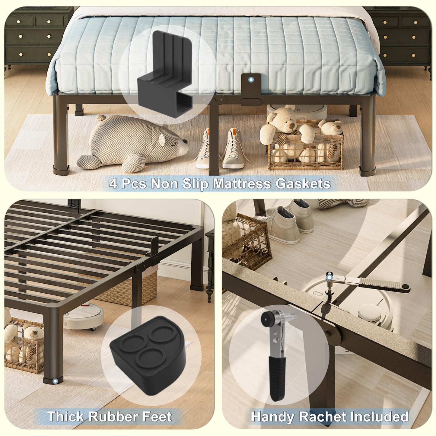 Yitong Angel 18 inch King Size Bed Frame with Round Corner Legs Mattress Slide Stopper,3500 lbs Heavy Duty Metal Platform,Steel Slat Support,No Box Spring Needed,Easy Assembly,Noise Free
